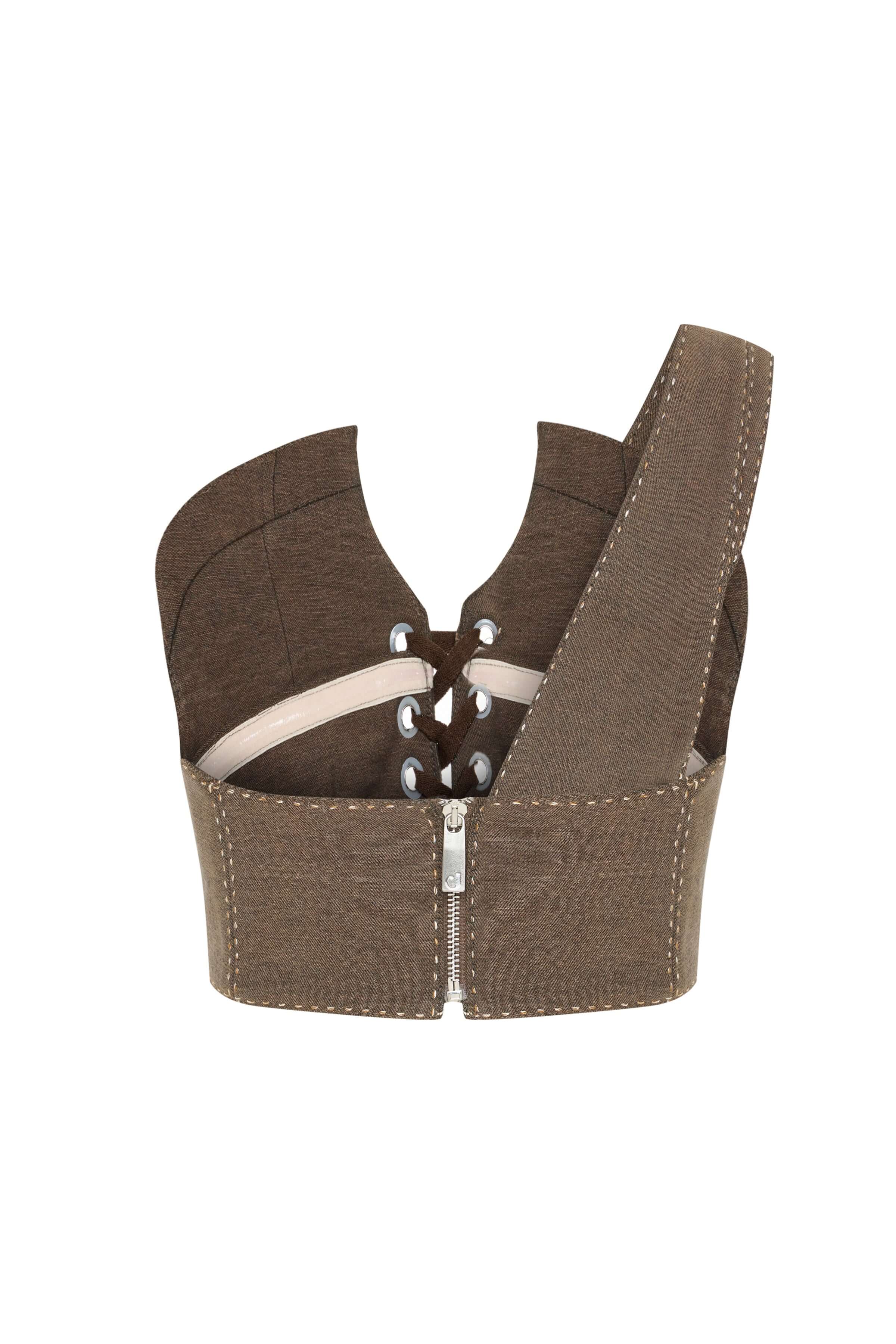 JENDUE Calen Crop Brown Lace-Up Canvas Corset Top-3