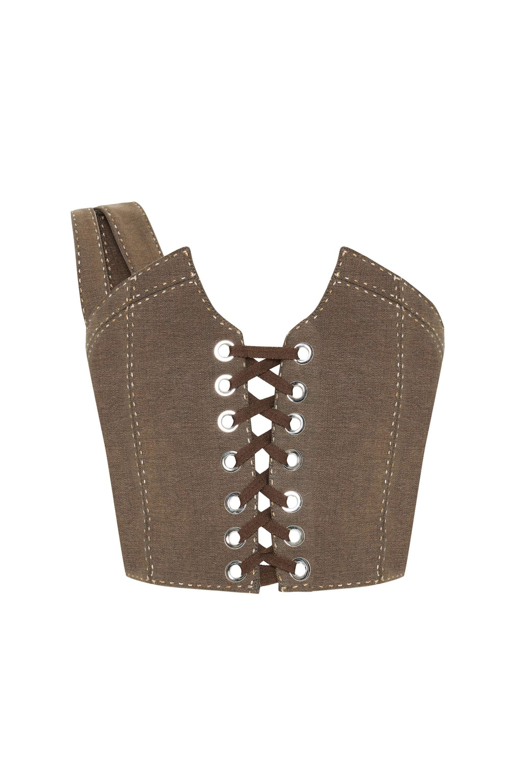 JENDUE Calen Crop Brown Lace-Up Canvas Corset Top-2