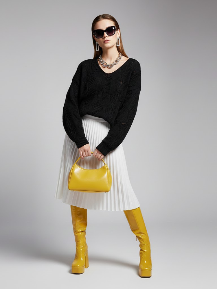 Black Open Knit V-Neck Sweater VARESE: New Colección COUTURE in NOLITA - BYMANYC ® New York-0