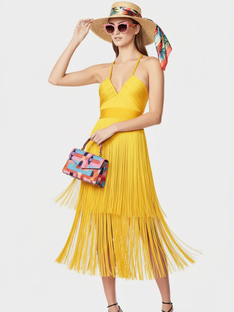 Elevate - Fringe Bandage Dress With Suspender Straps For Women, Tribeca, BYMANYC New York.