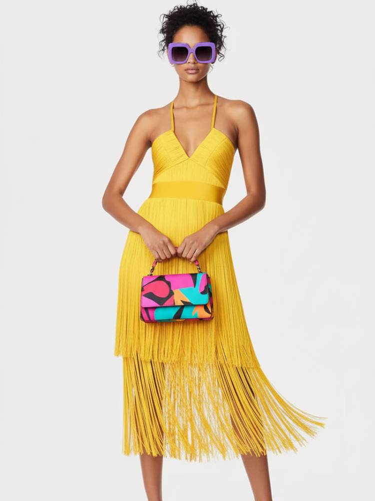 Elevate - Fringe Bandage Dress With Suspender Straps For Women, Tribeca, BYMANYC New York.