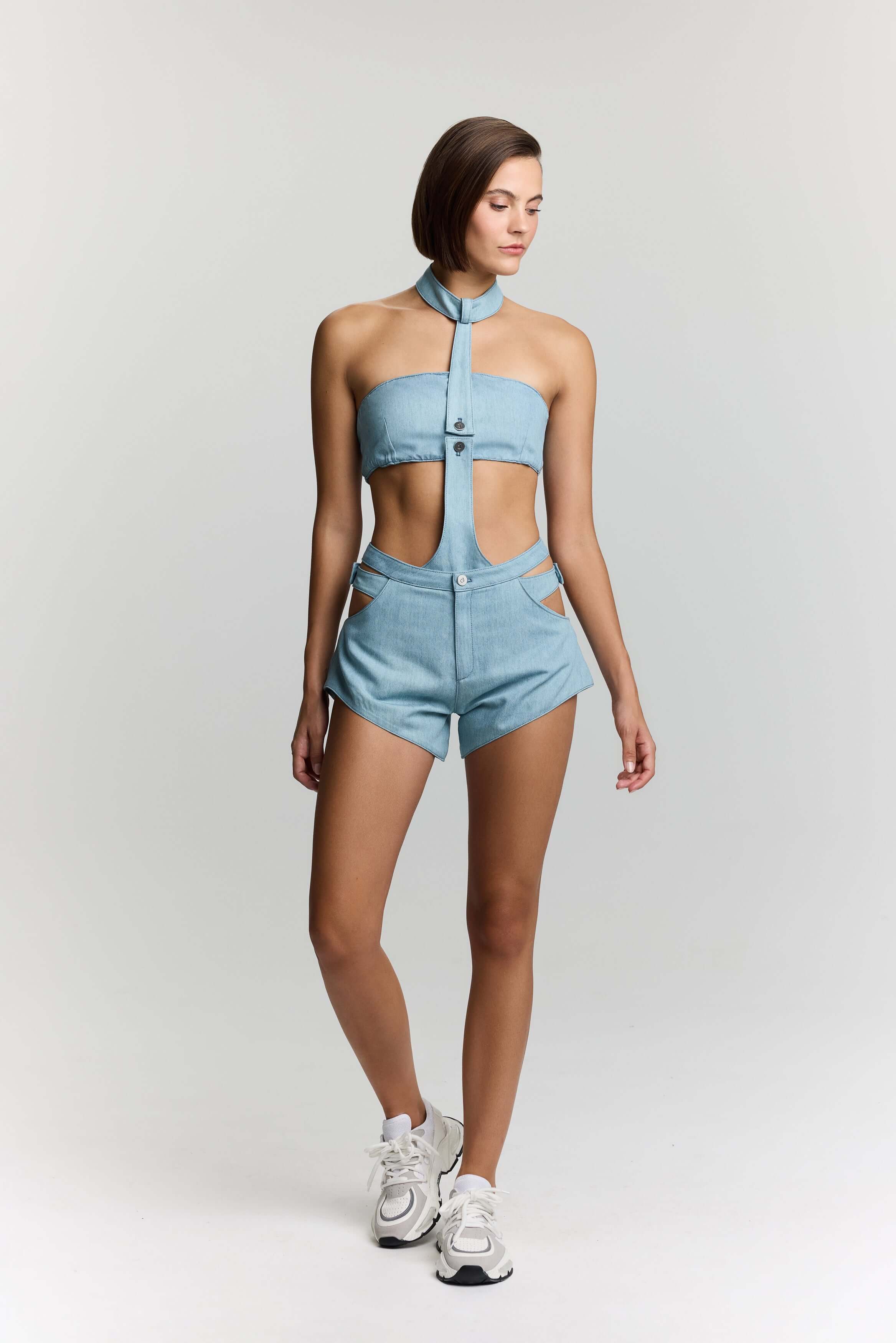 JENDUE Belinda Asymmetrical Cut-Out High-Waist Denim Shorts-2