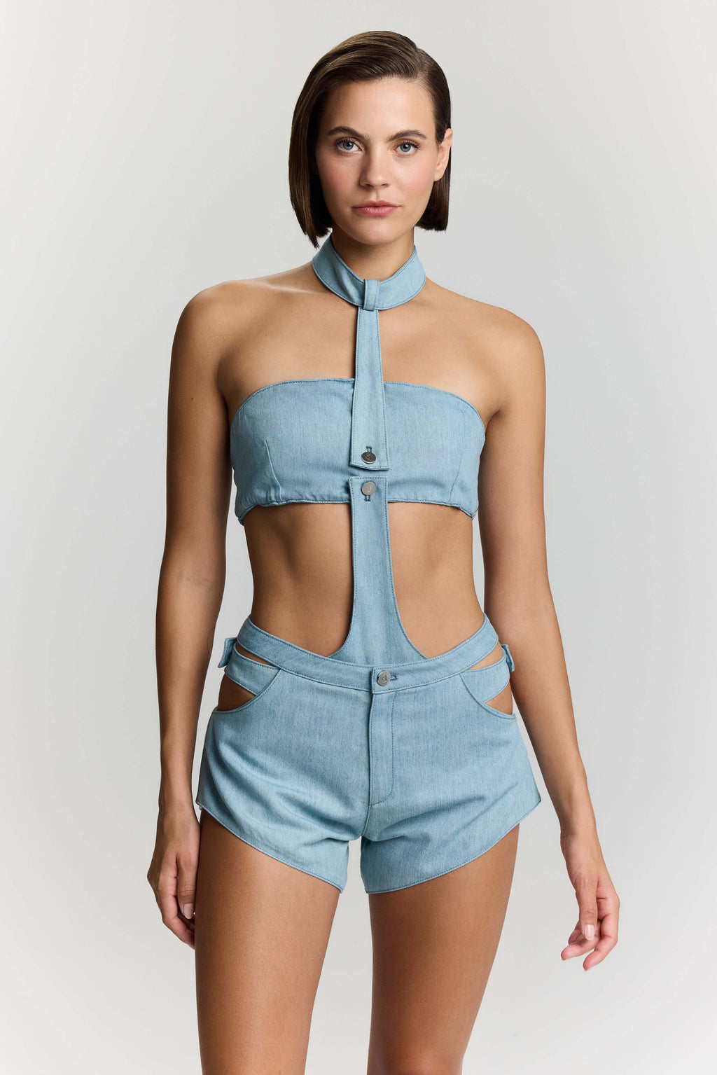 JENDUE Belinda Denim Bodysuit - Chic Cut-Out Design-1