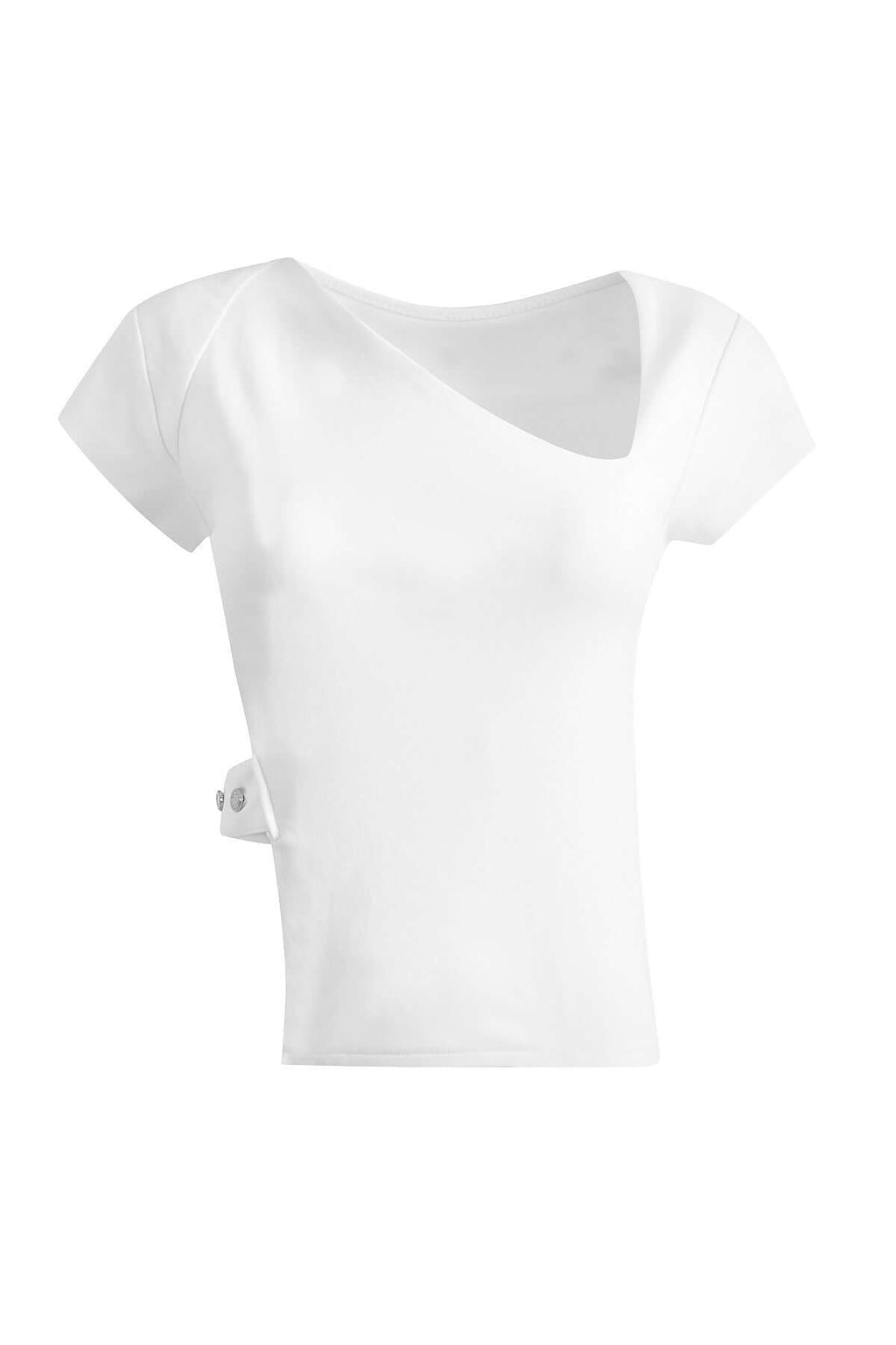 JENDUE Celeste Denim T-Shirt - Unique Asymmetrical White Top-1