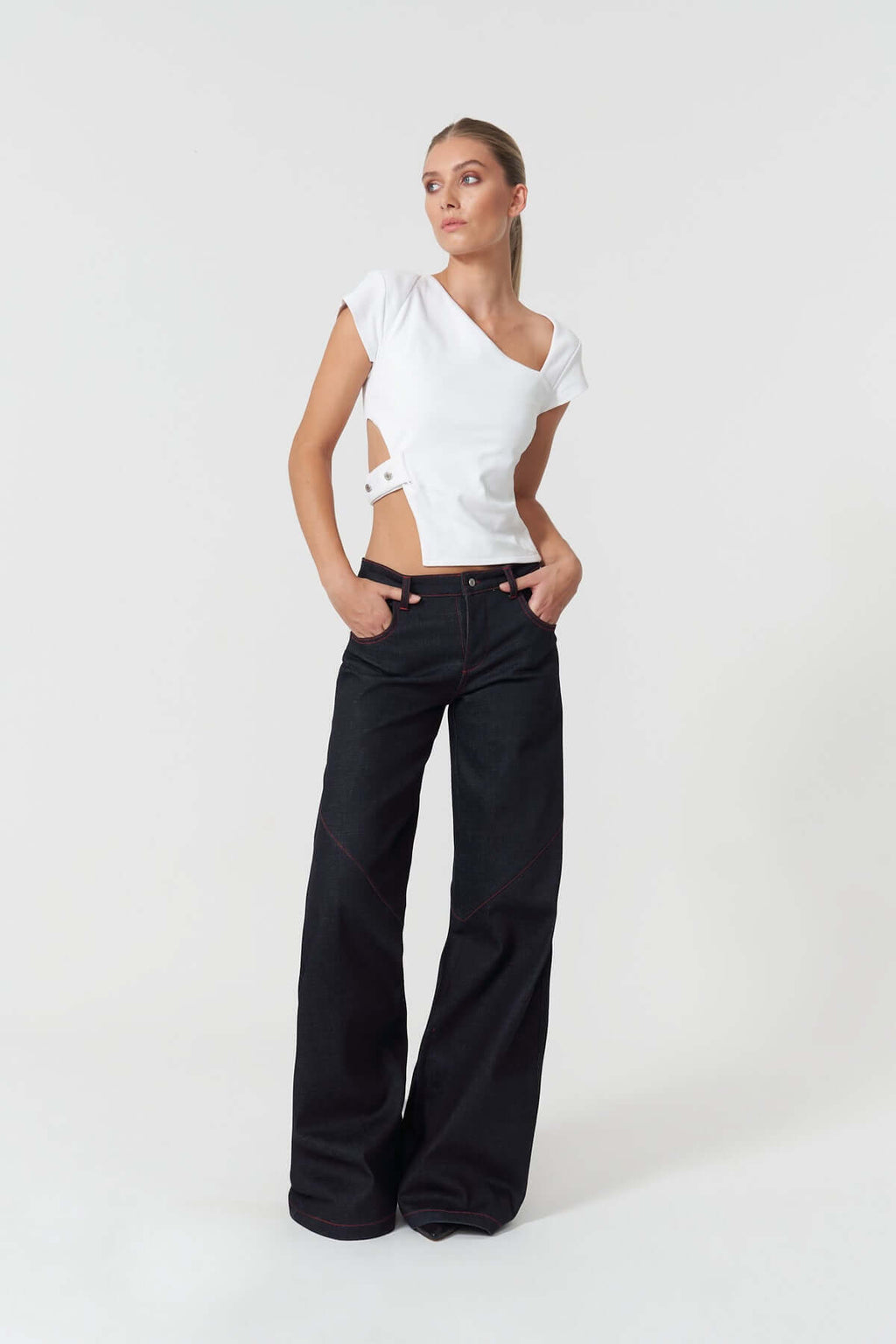 JENDUE Celeste Denim T-Shirt - Unique Asymmetrical White Top-0