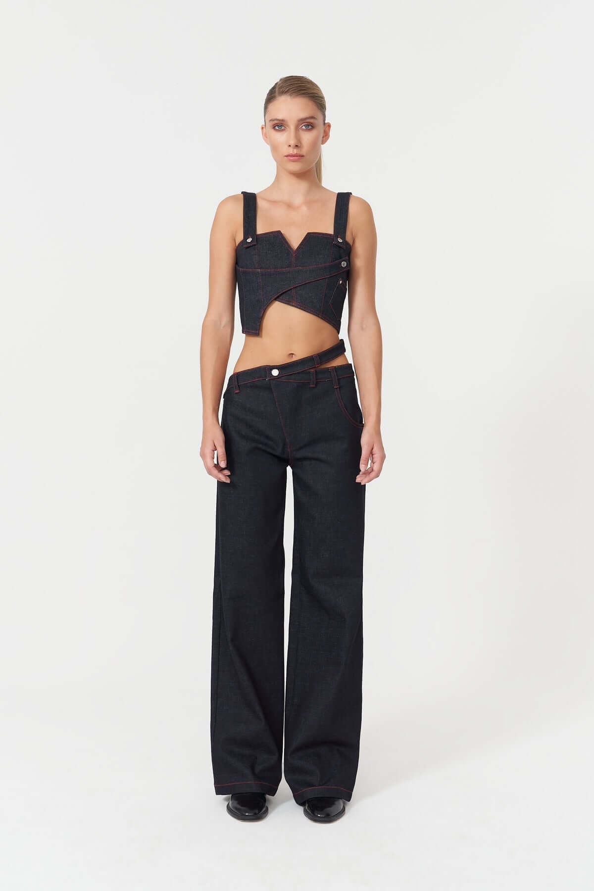 JENDUE Davidson Asymmetric Belt Denim Jean - Unique Wide Leg-2