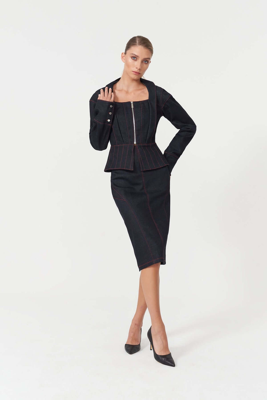 JENDUE Davidson Denim Skirt - Classic Dark Wash Pencil Skirt-0