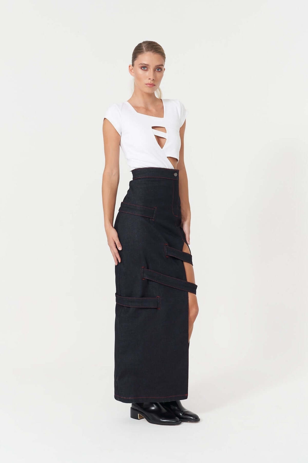 JENDUE Davidson Maxi Denim Skirt - High-Slit & Strappy-2