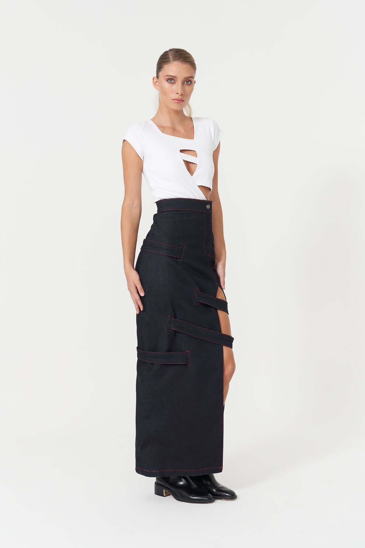 JENDUE Davidson Maxi Denim Skirt - High-Slit & Strappy-2