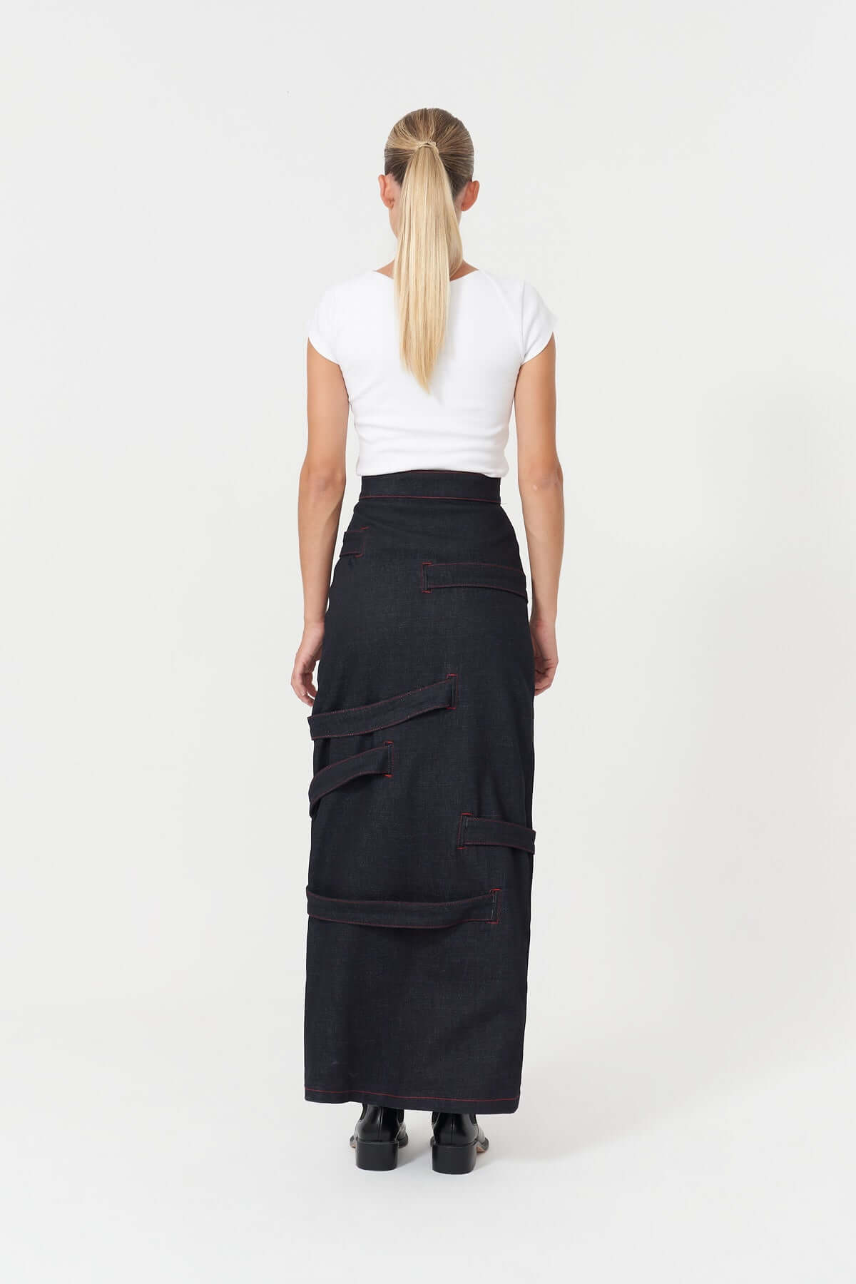 JENDUE Davidson Maxi Denim Skirt - High-Slit & Strappy-3