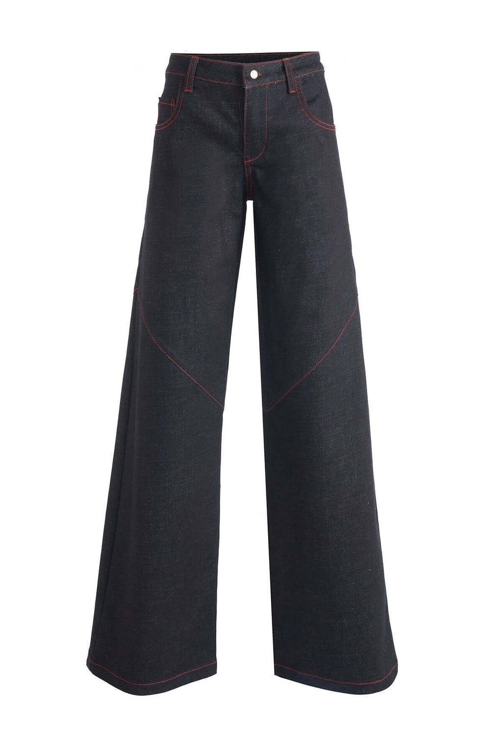 JENDUE Davidson Wide Leg Denim Jean - Dark Wash & Red Stitch-1