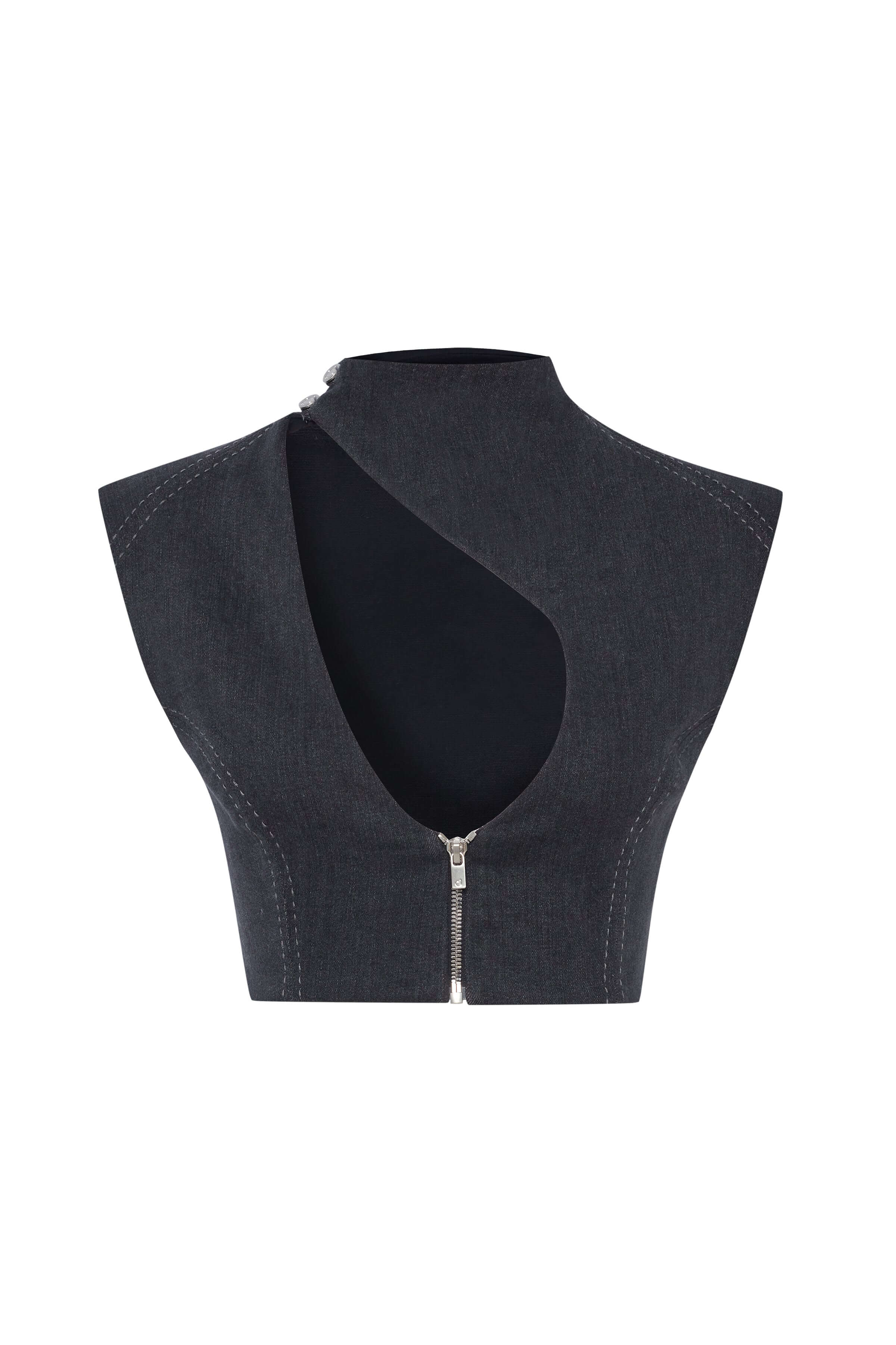 JENDUE Dew Drop Denim Vest - Unique Asymmetrical Zipper Top-1