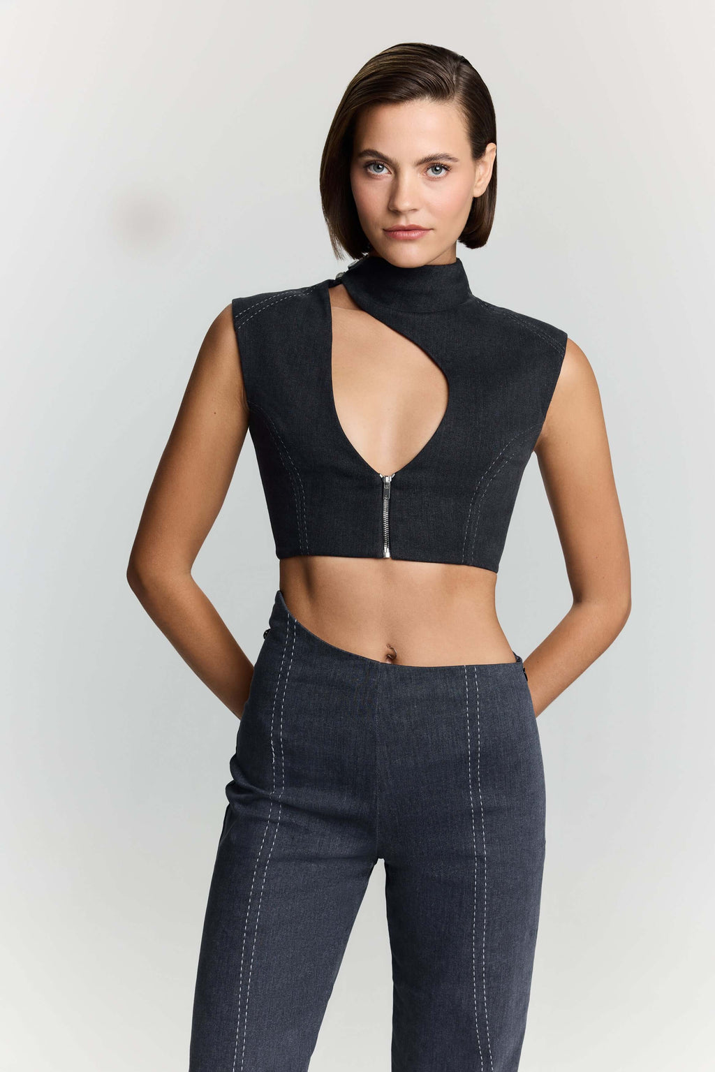 JENDUE Dew Drop Denim Vest - Unique Asymmetrical Zipper Top-0
