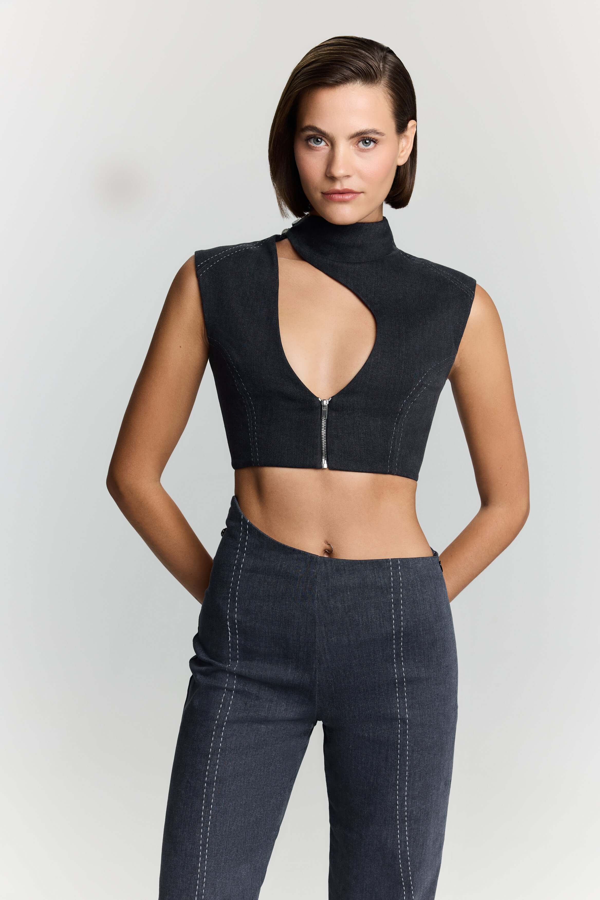 JENDUE Dew Drop Denim Vest - Unique Asymmetrical Zipper Top-0