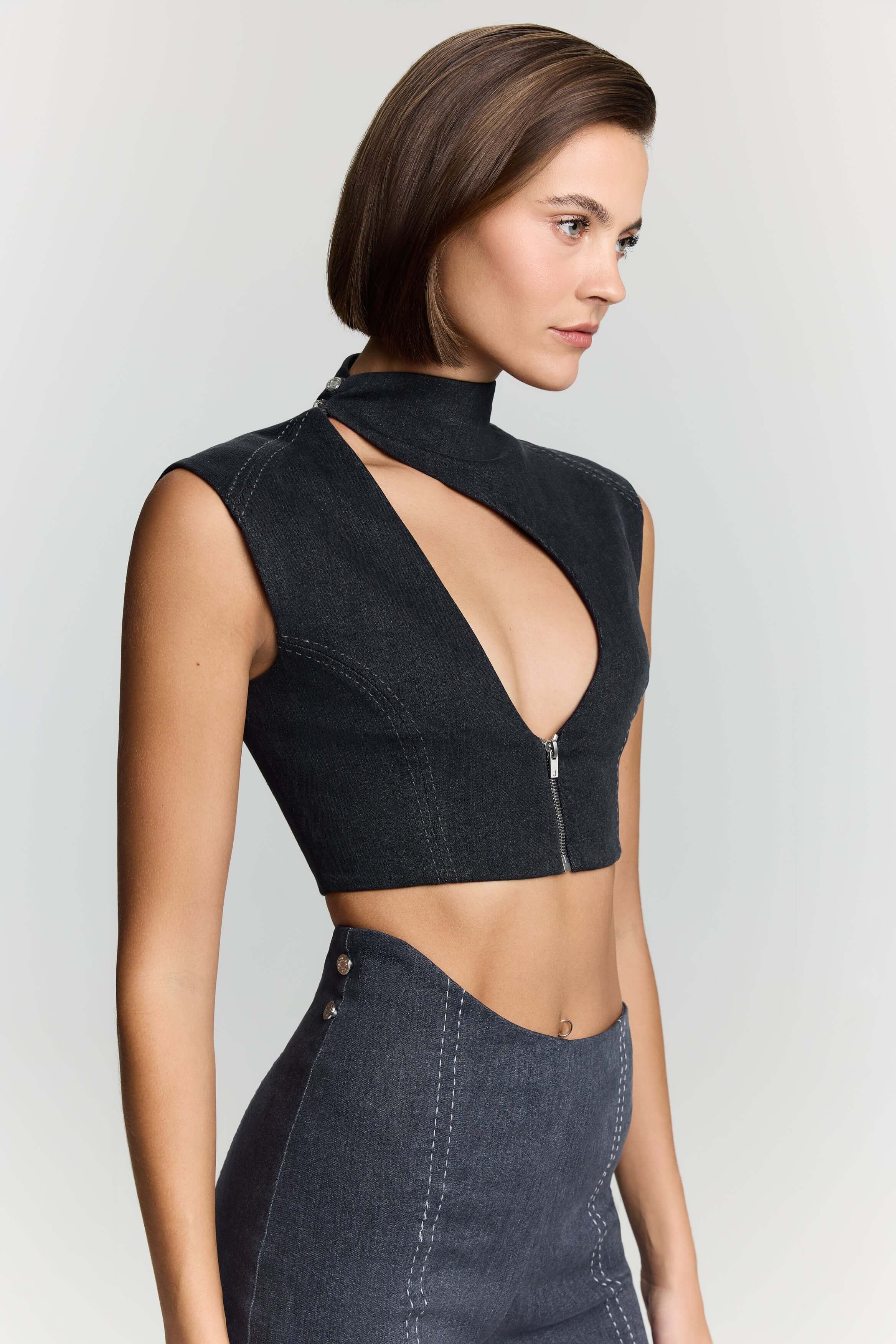 JENDUE Dew Drop Denim Vest - Unique Asymmetrical Zipper Top-3