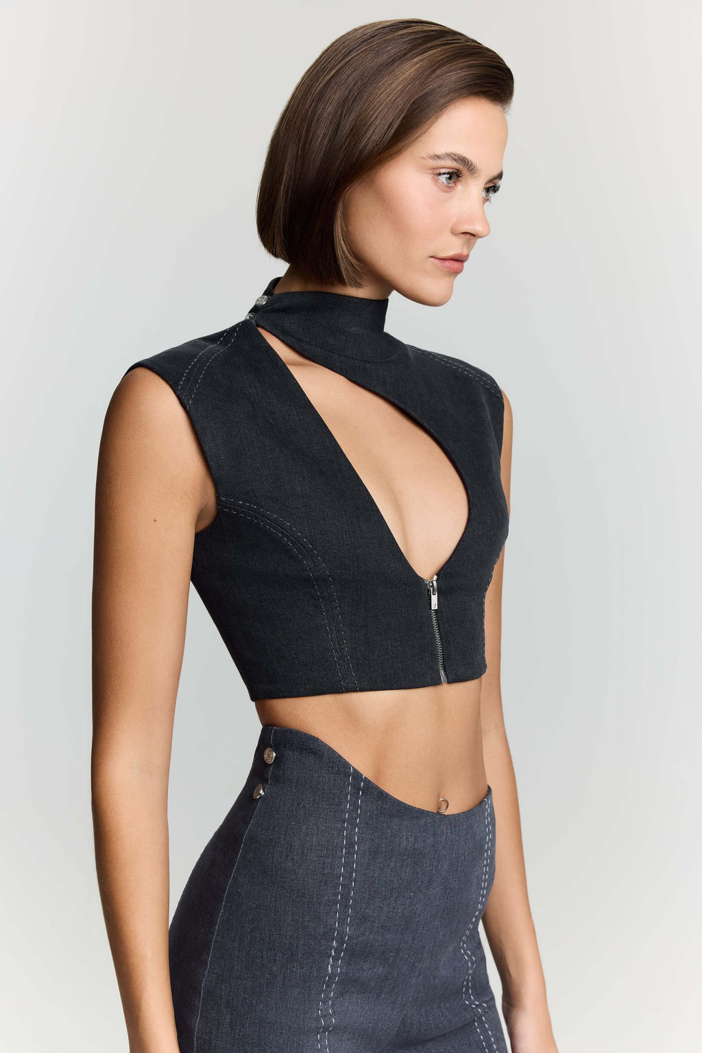 JENDUE Dew Drop Denim Vest - Unique Asymmetrical Zipper Top