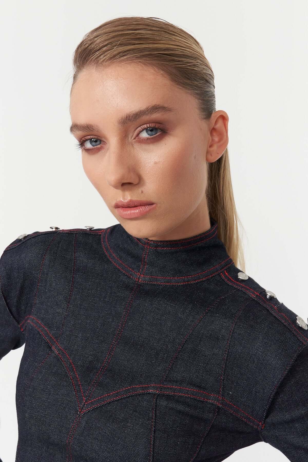 JENDUE Harvey Denim Mini Dress - Structured Design-2