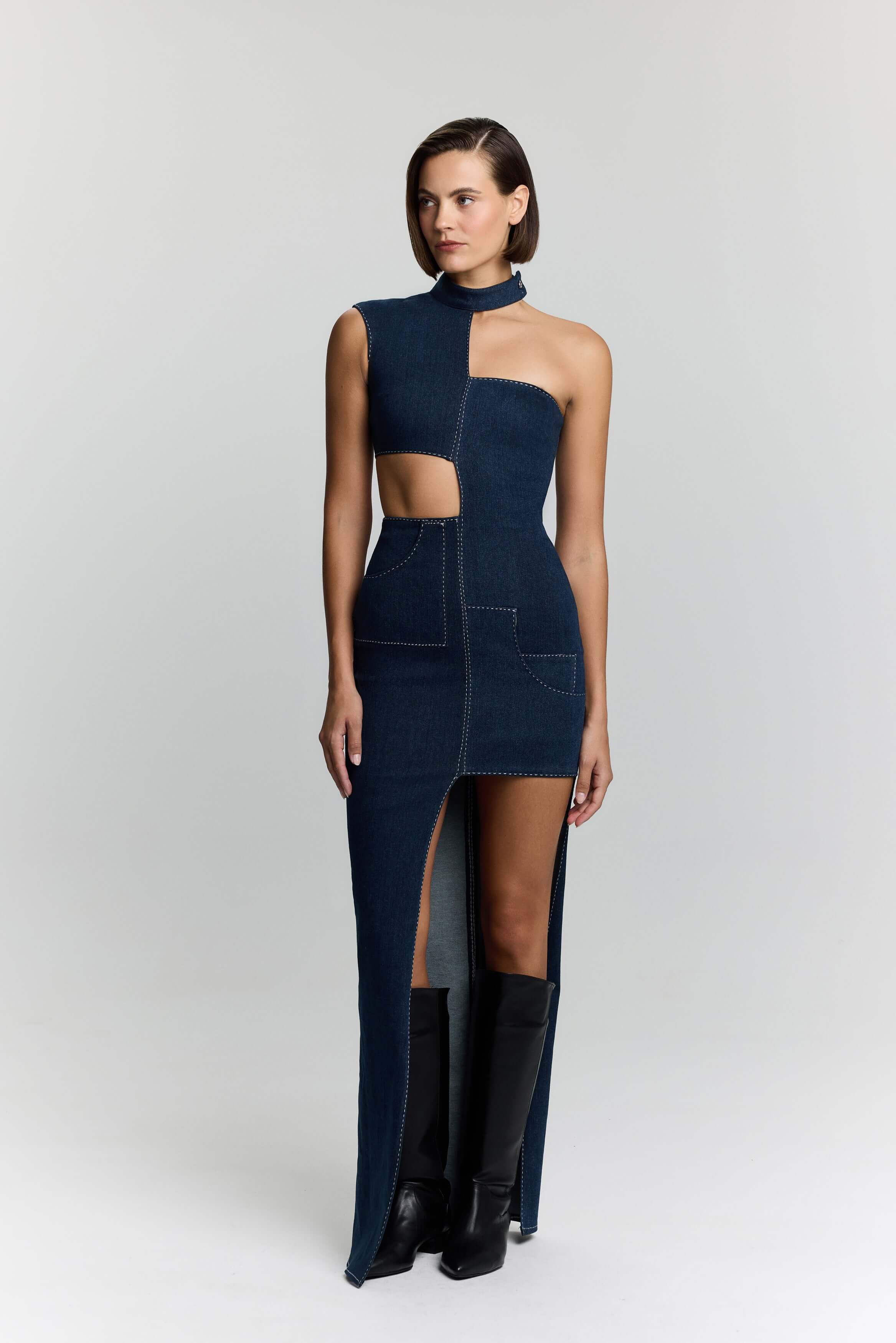 ELEVATE - JENDUE Ivy Denim Dress - Asymmetrical Cut-Out Maxi Dress