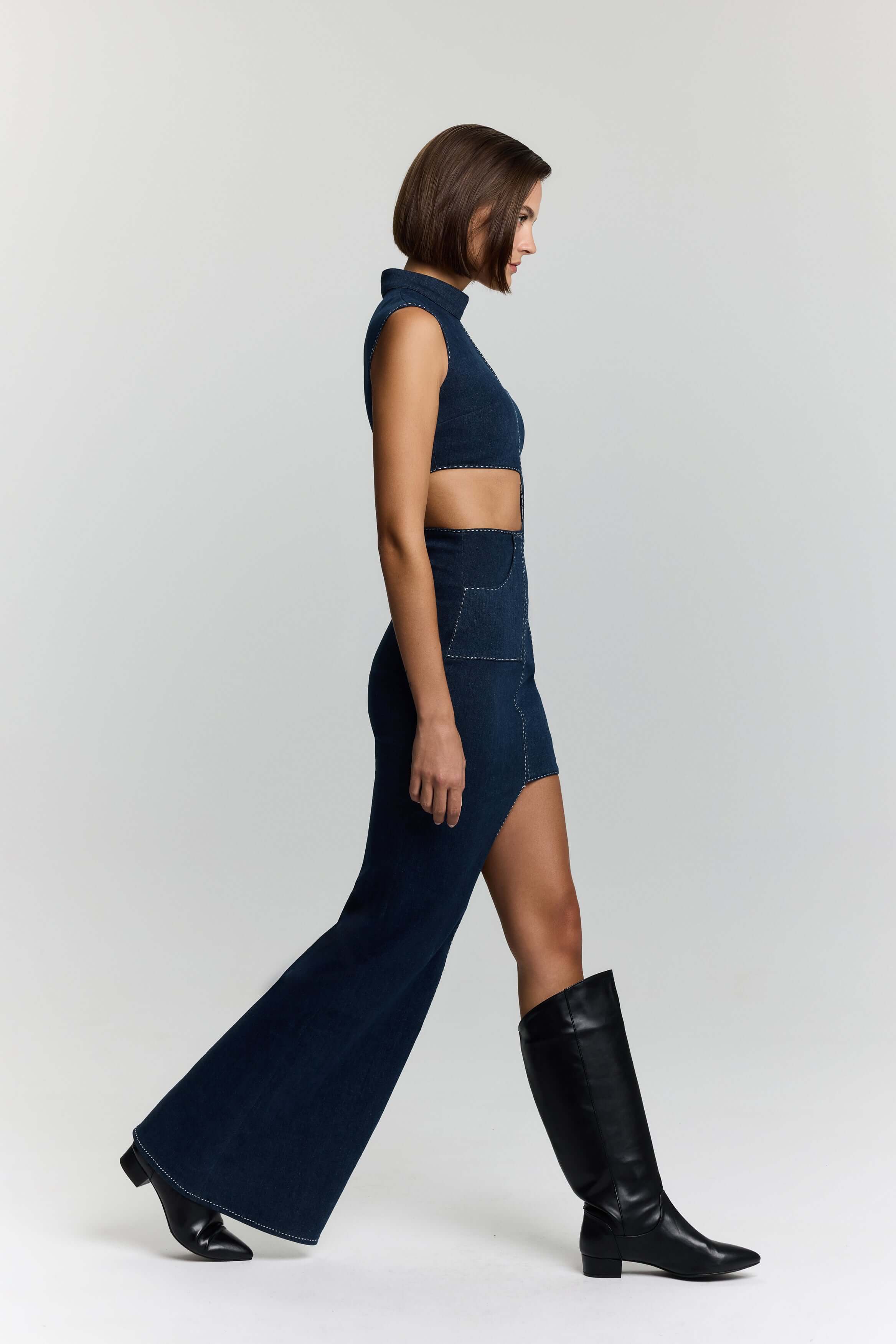 ELEVATE - JENDUE Ivy Denim Dress - Asymmetrical Cut-Out Maxi Dress