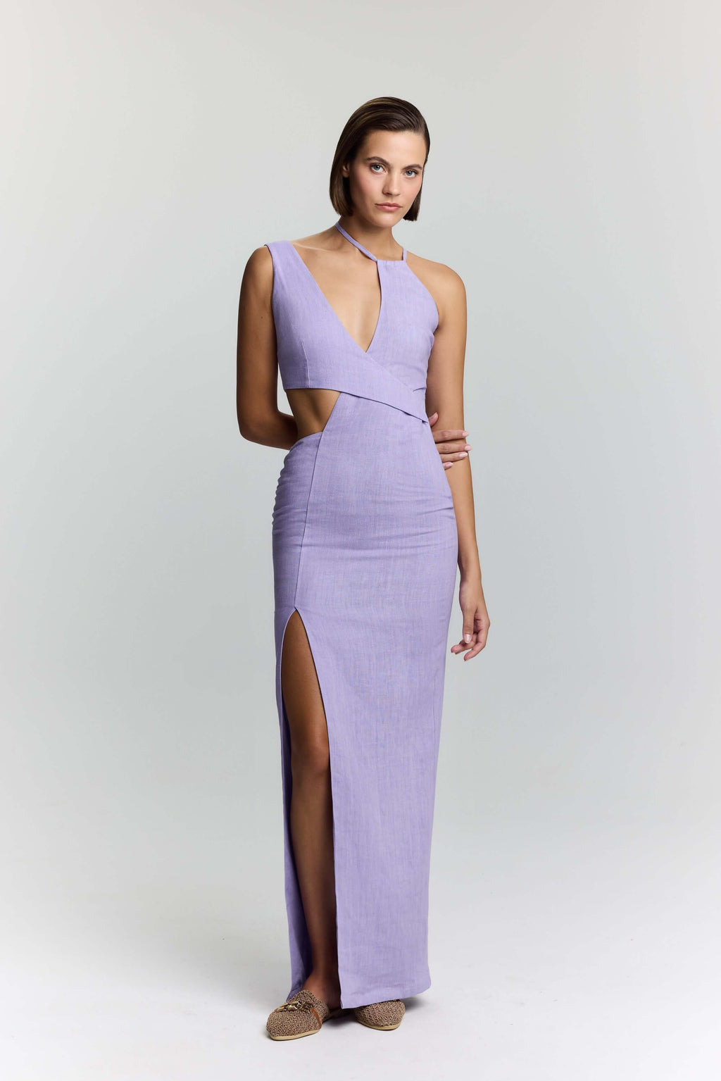 ELEVATE - JENDUE Luna Denim Linen Dress - Chic Cut-Out Maxi