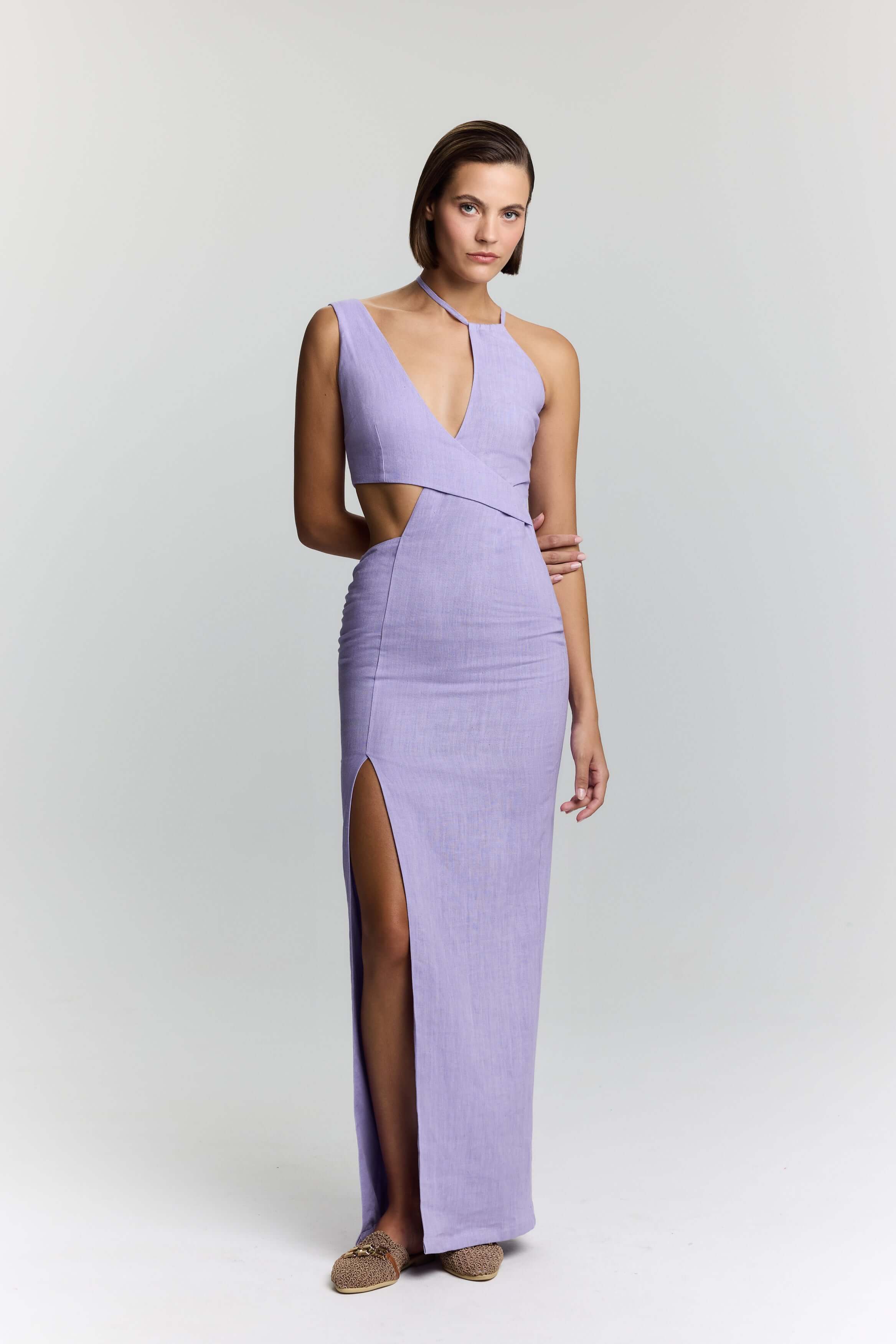 ELEVATE - JENDUE Luna Denim Linen Dress - Chic Cut-Out Maxi