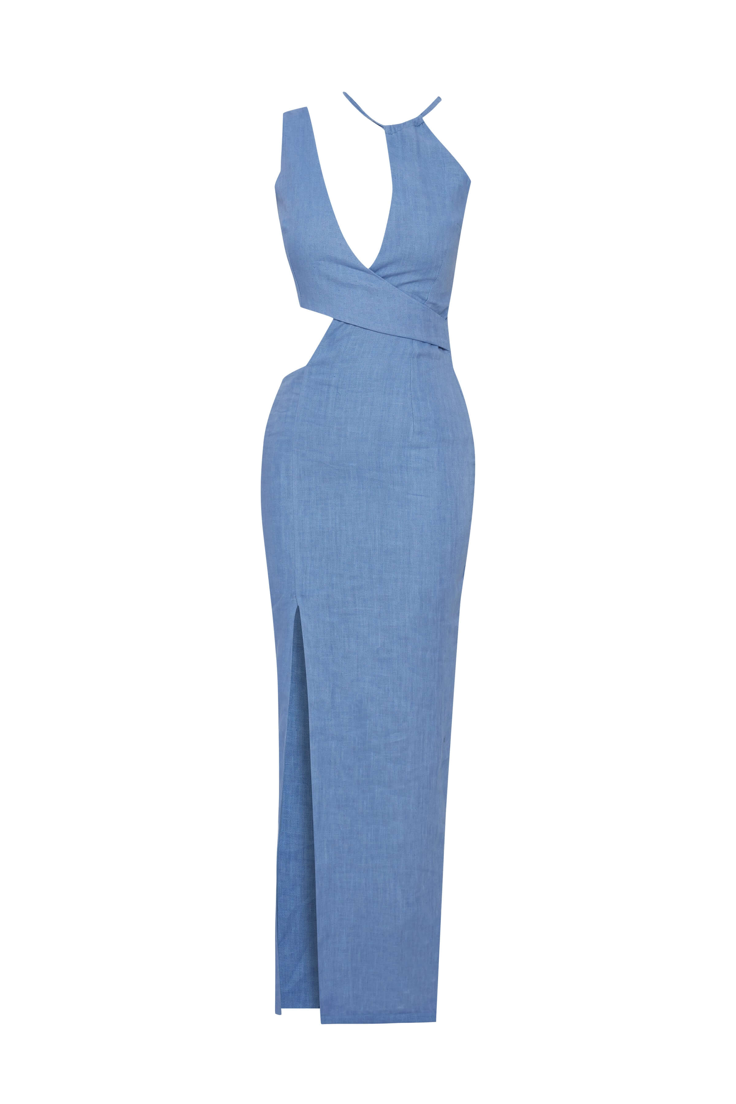 ELEVATE - JENDUE Luna Denim Linen Dress - Chic Cut-Out Maxi