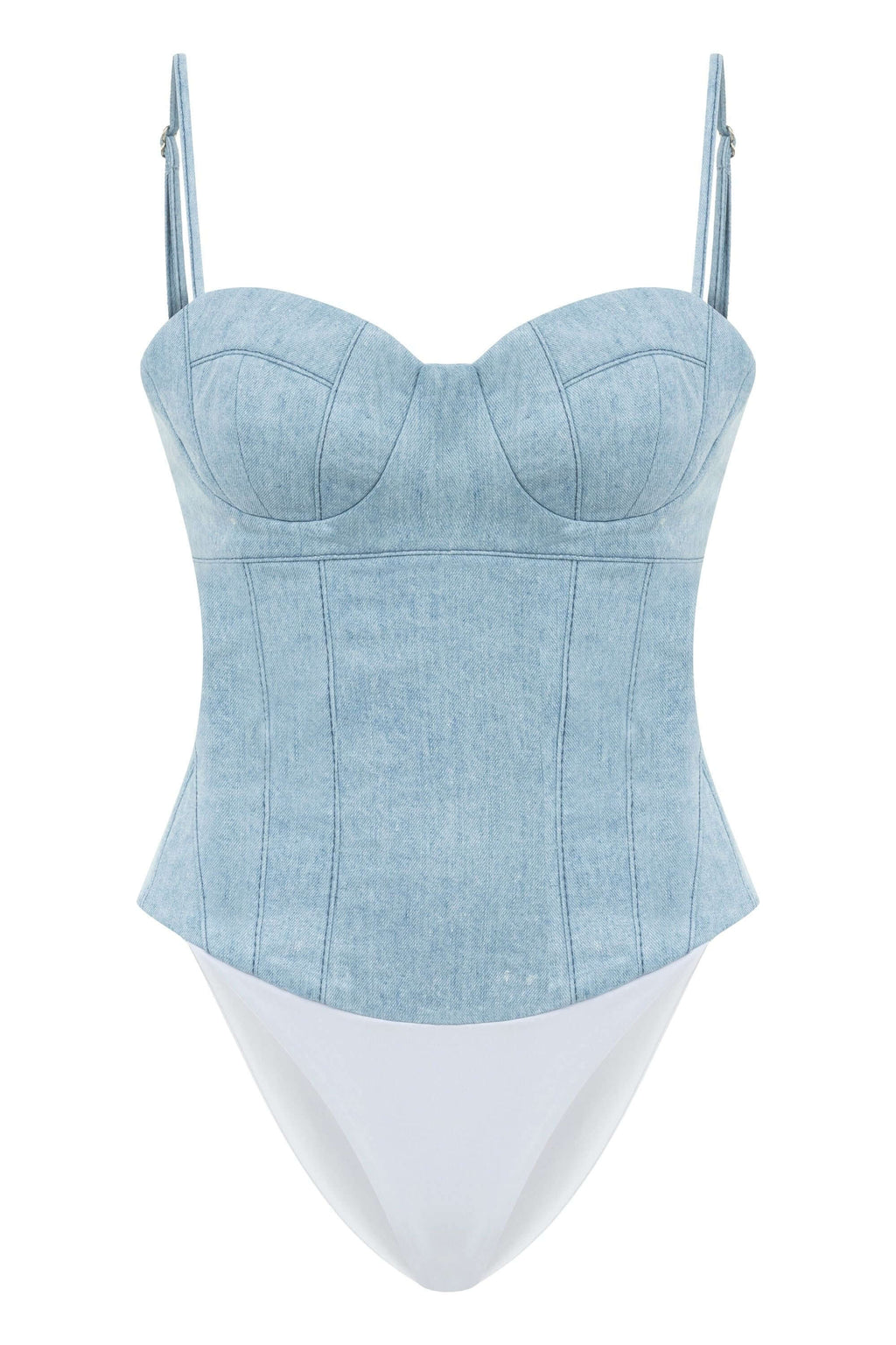 JENDUE Marvel Bodysuit Denim Top -Light Wash & Bustier Style-1