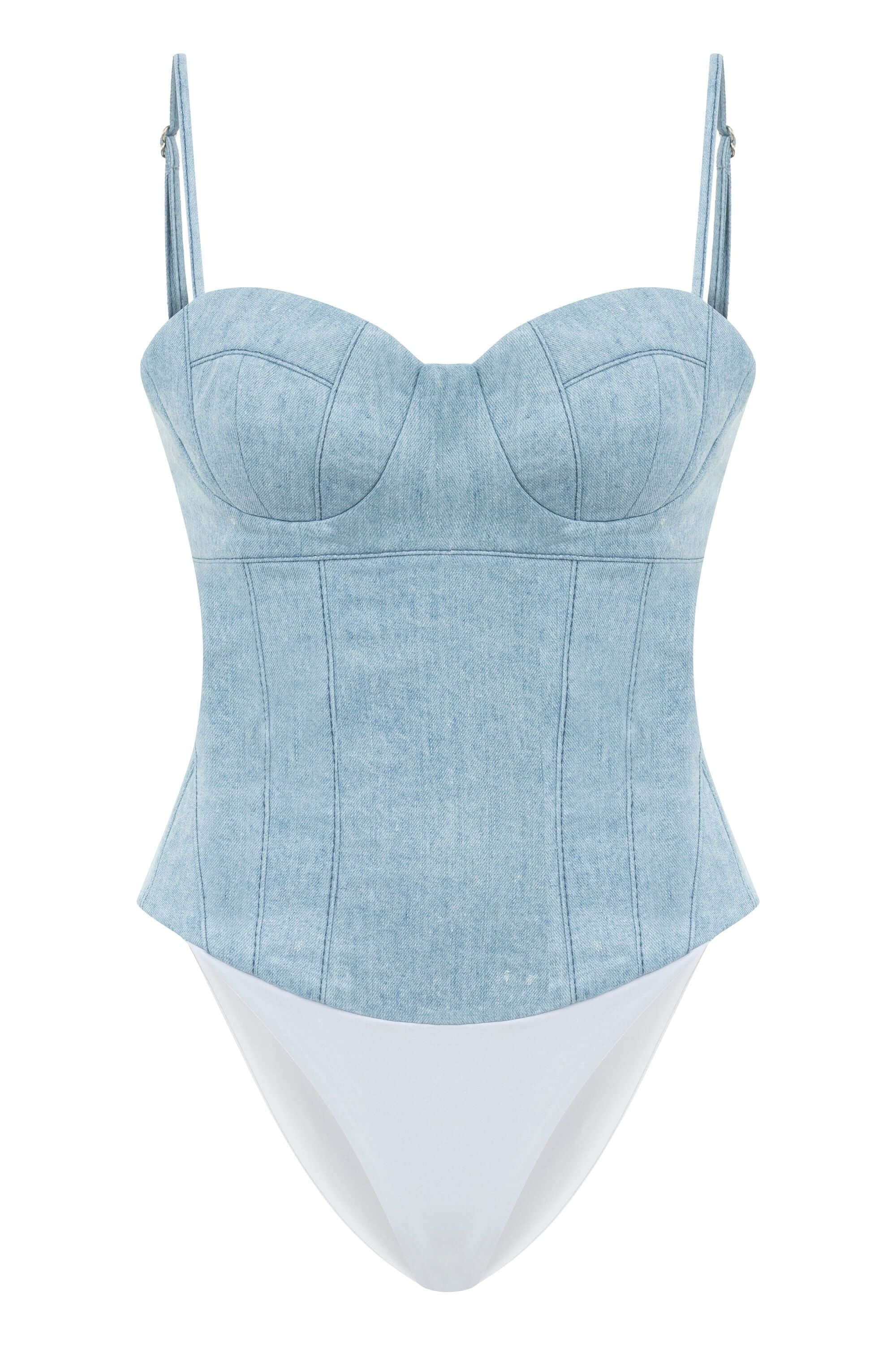 JENDUE Marvel Bodysuit Denim Top -Light Wash & Bustier Style
