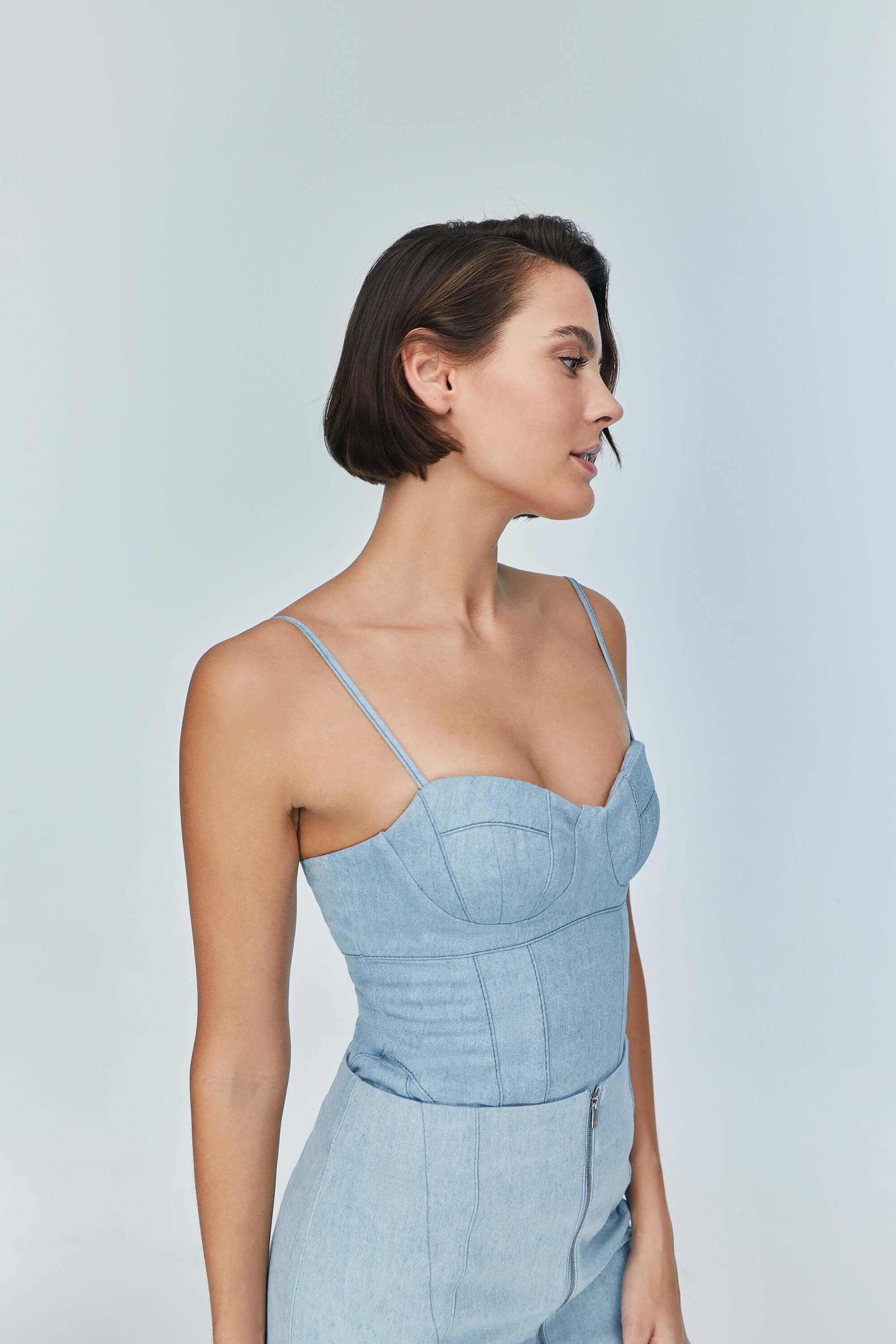 ELEVATE - JENDUE Marvel Bodysuit Denim Top -Light Wash & Bustier Style