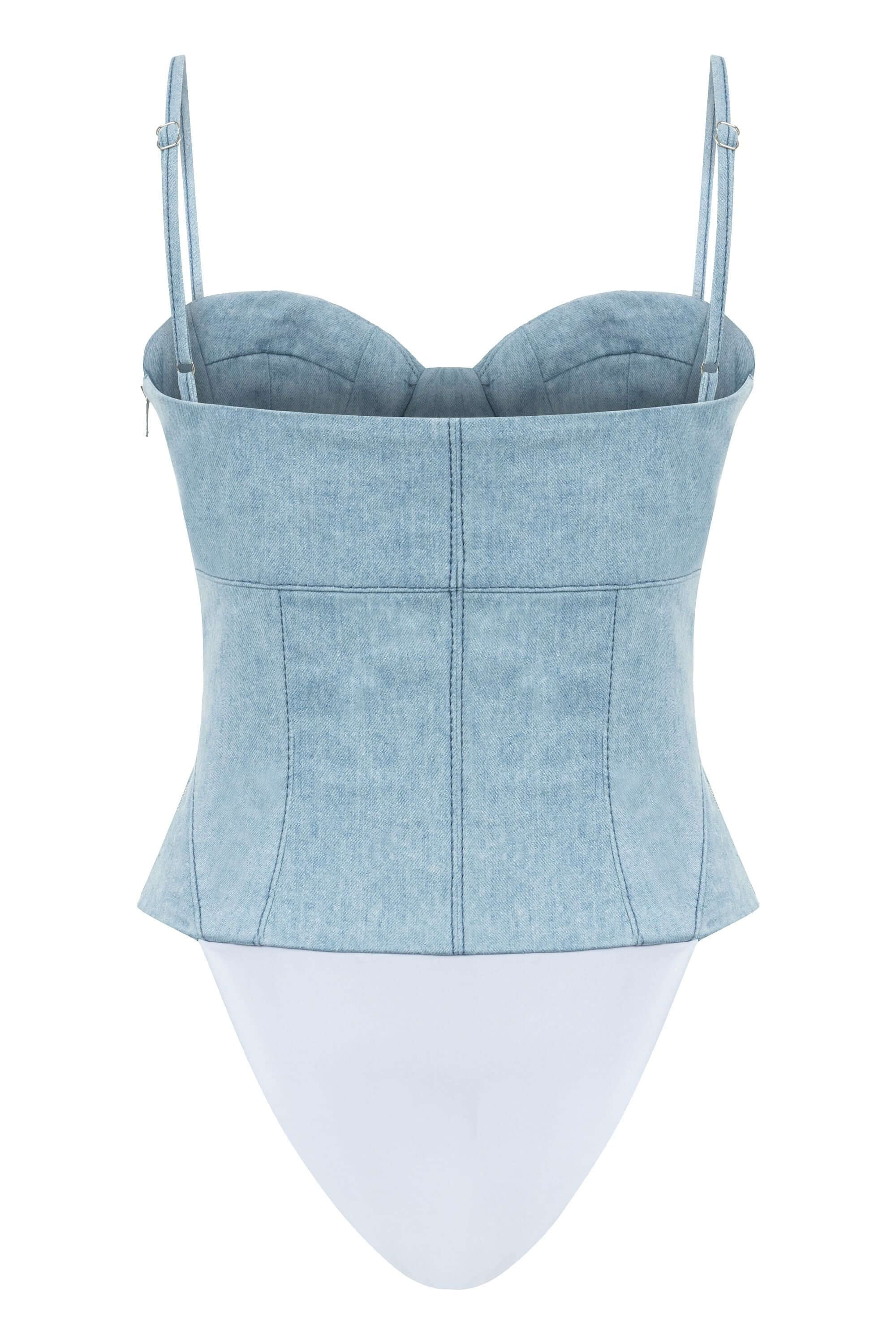 JENDUE Marvel Bodysuit Denim Top -Light Wash & Bustier Style