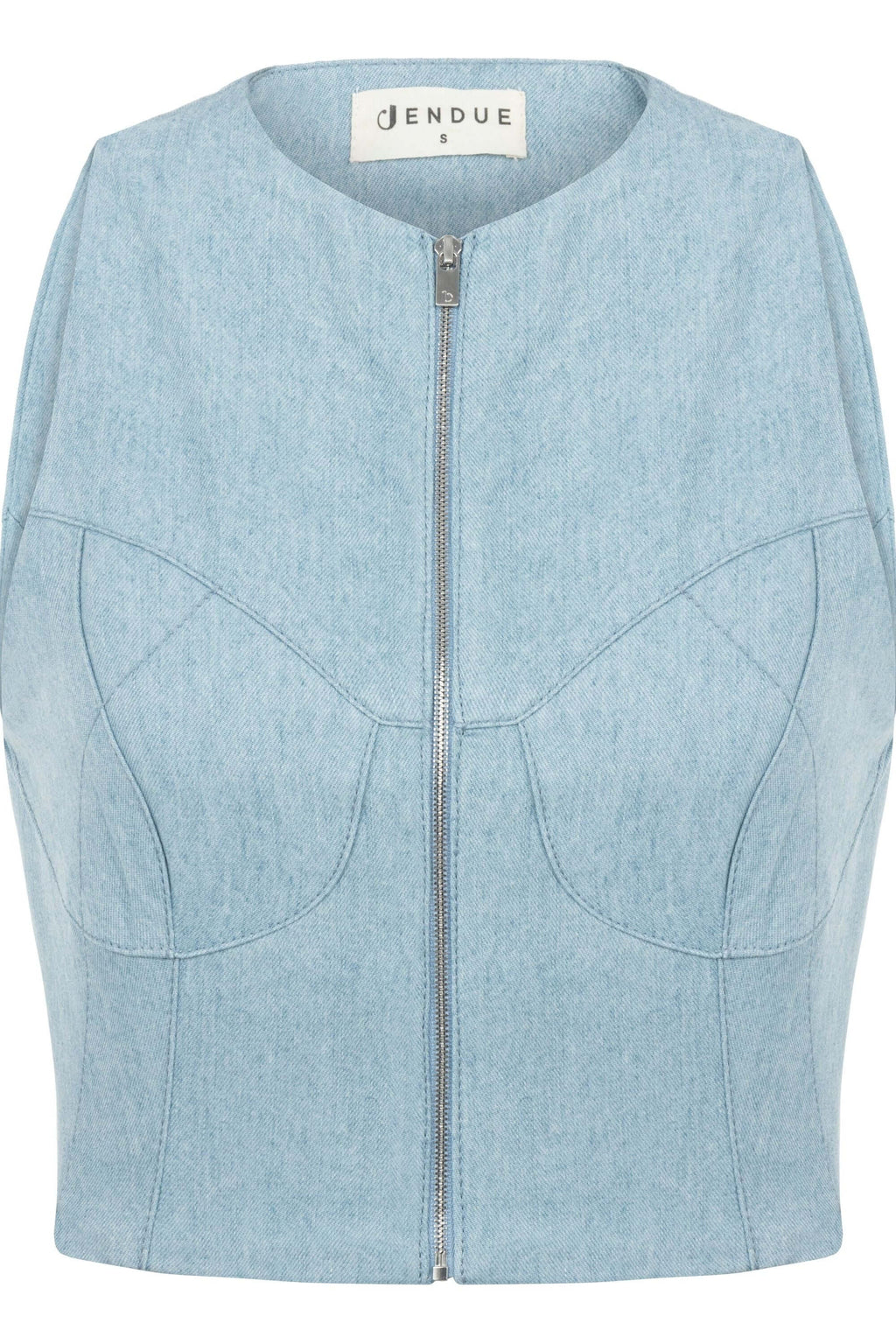 JENDUE Marvel Denim Top - Light Blue Zip-Up Bustier-1
