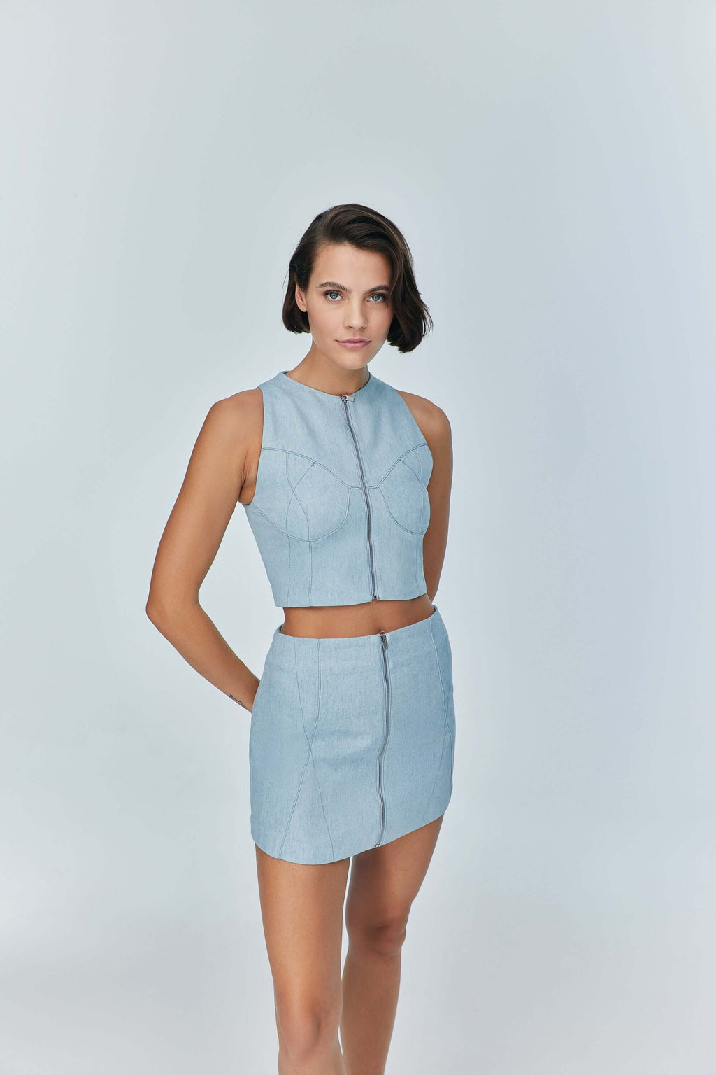 ELEVATE - JENDUE Marvel Denim Top - Light Blue Zip-Up Bustier