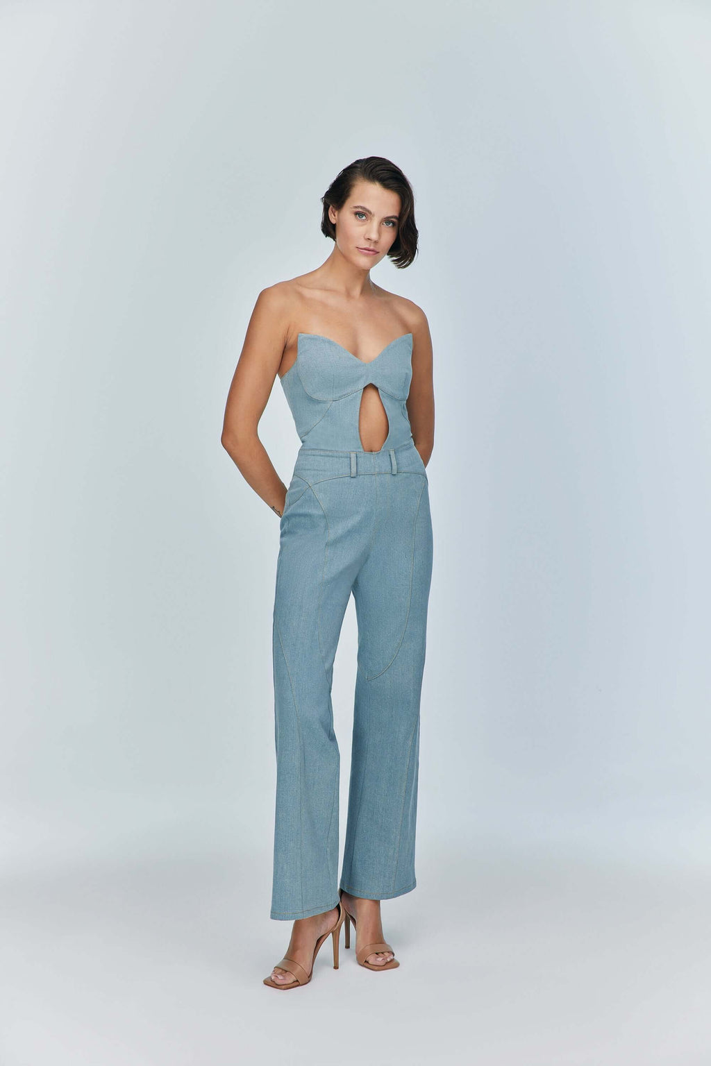 JENDUE Marvel Maxi Denim Jumpsuit - Strapless, Cut-Out-0