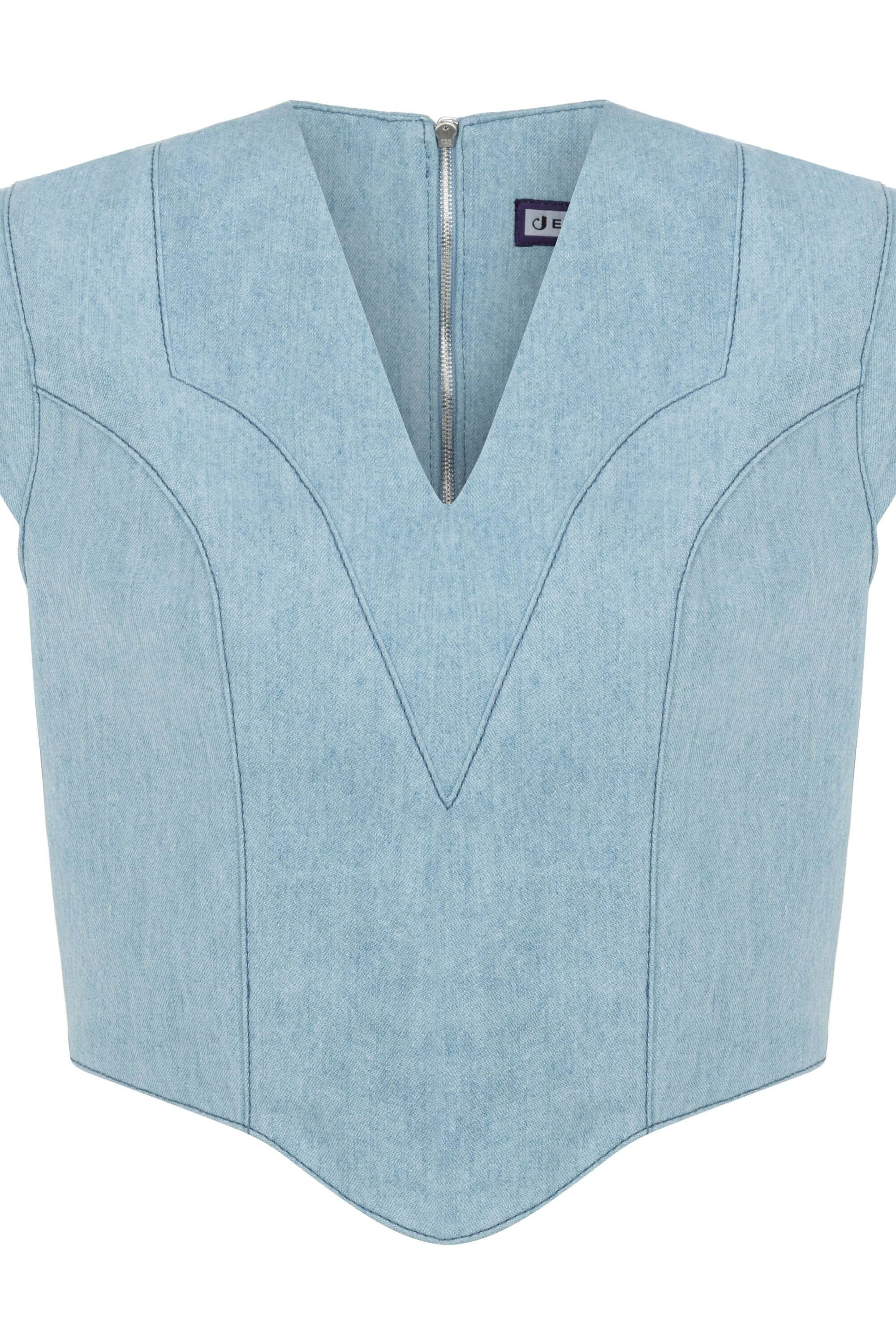 JENDUE Marvel V-Neck Denim Top - Stylish Women's Jean Blouse-1