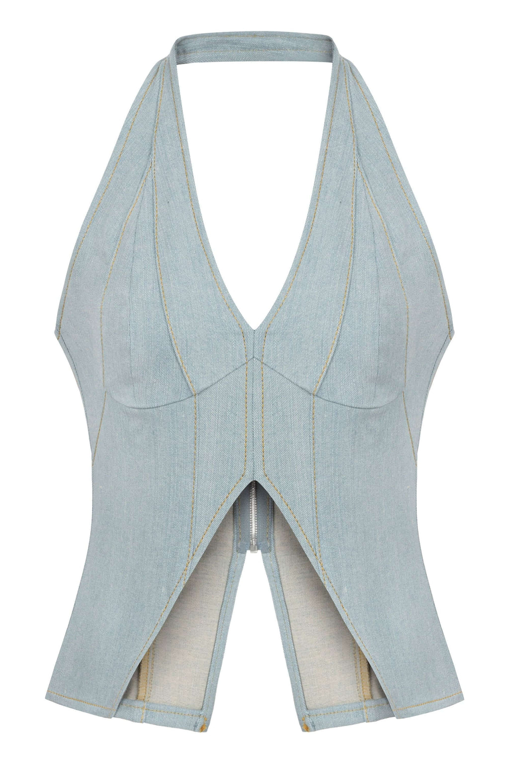 JENDUE Monte Corset Denim Top - Light Blue Halter Style-1