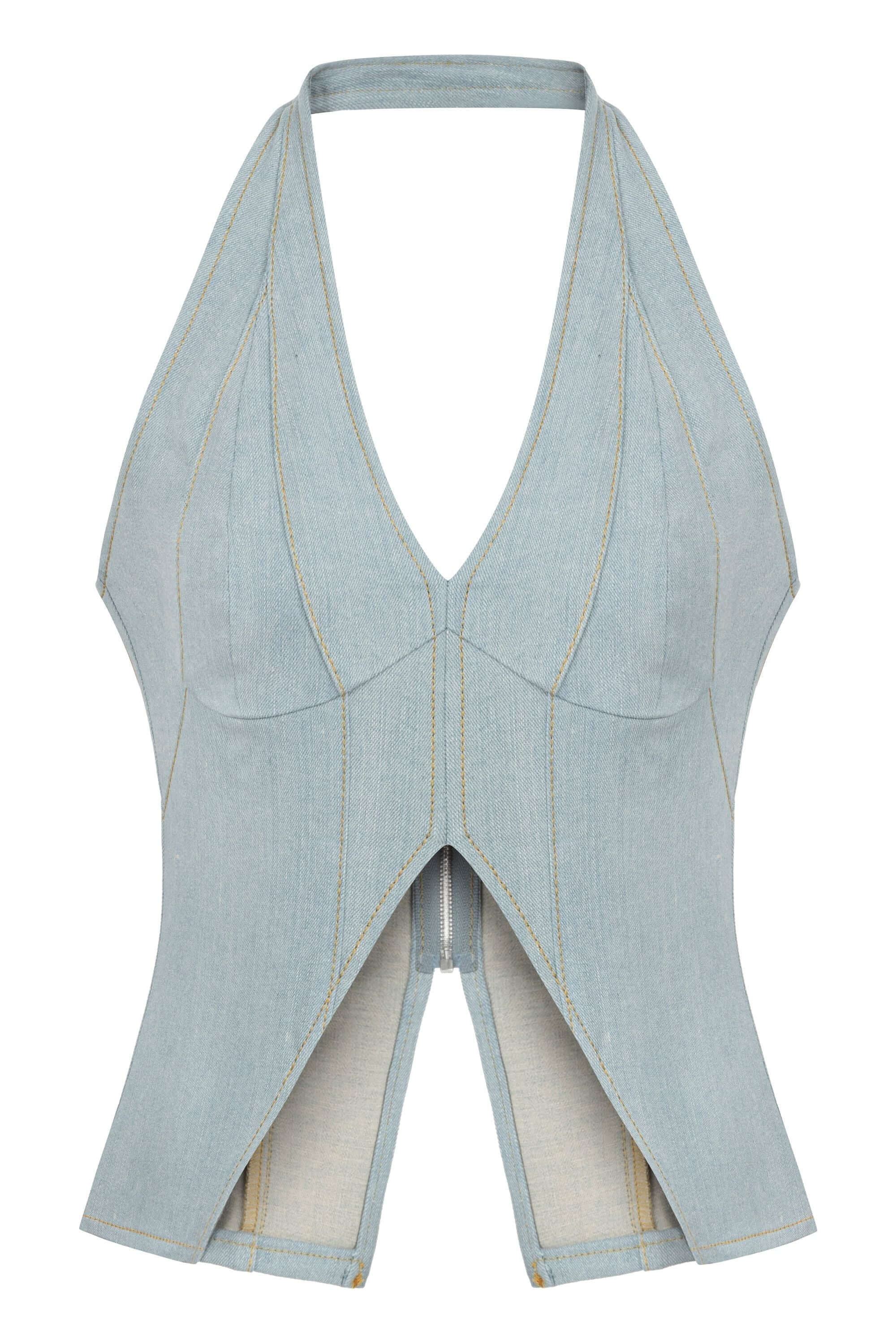 JENDUE Monte Corset Denim Top - Light Blue Halter Style-1