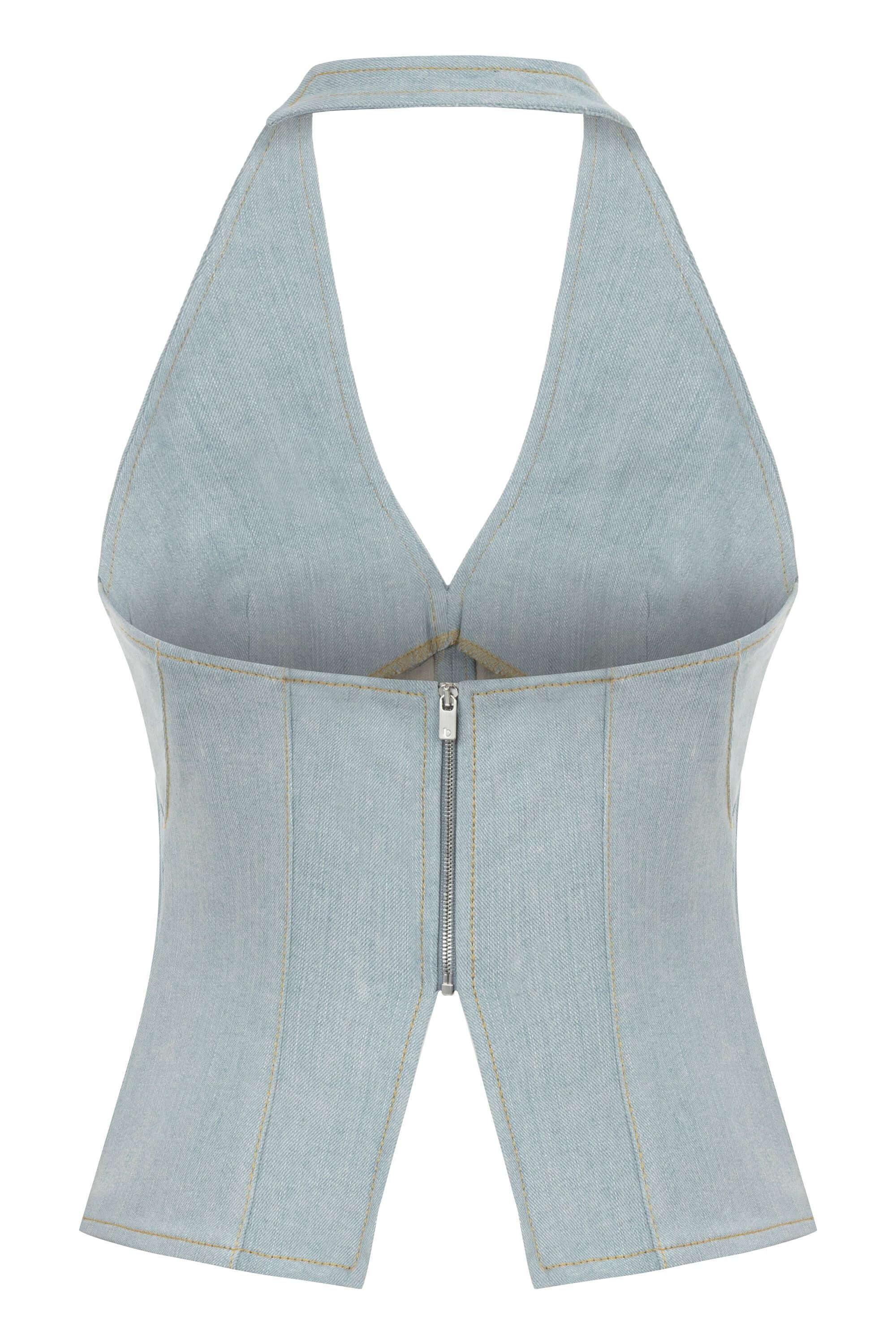 JENDUE Monte Corset Denim Top - Light Blue Halter Style-2