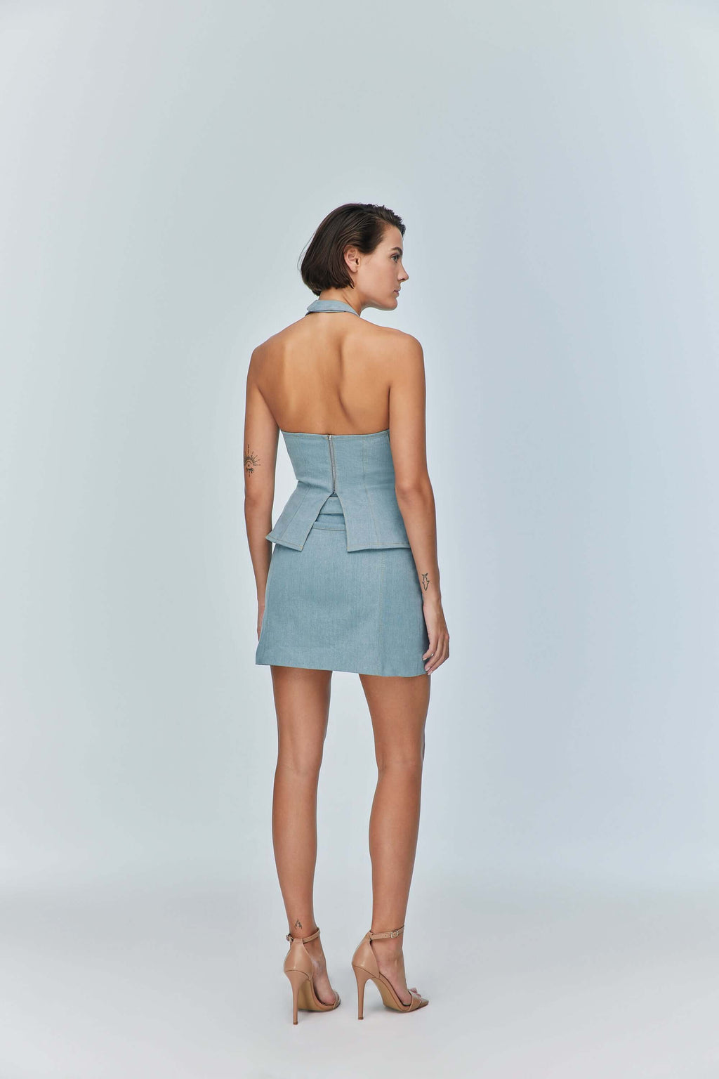 JENDUE Monte Corset Denim Top - Light Blue Halter Style-4