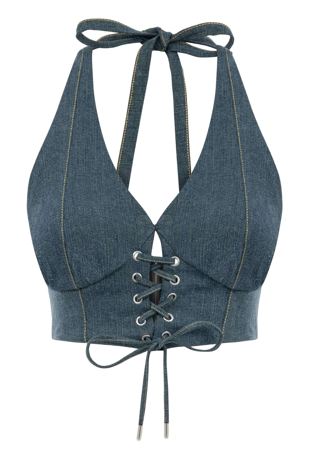 JENDUE Monte Denim Crop Top - Halter Neck & Lace-Up Detail-1
