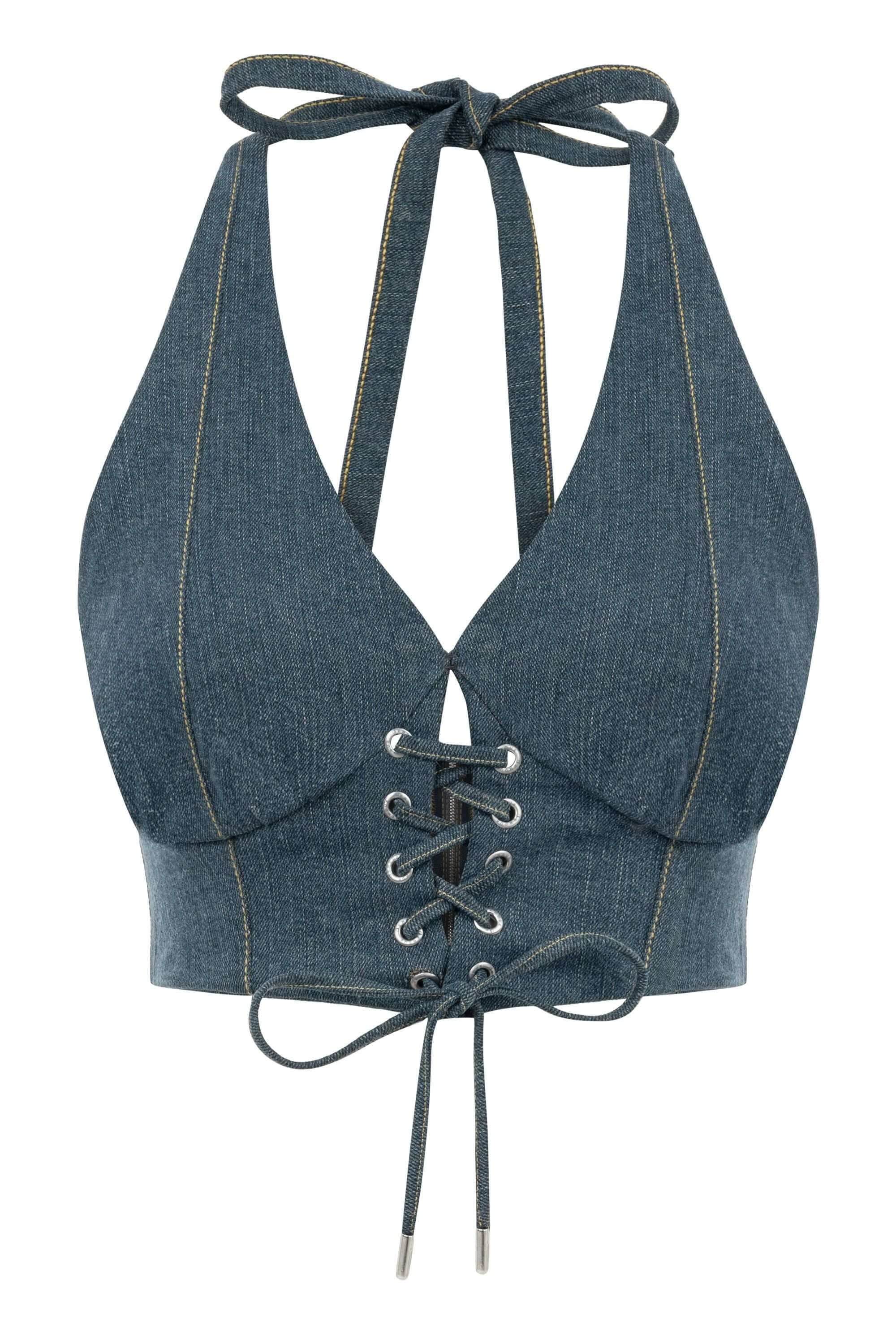 JENDUE Monte Denim Crop Top - Halter Neck & Lace-Up Detail-1