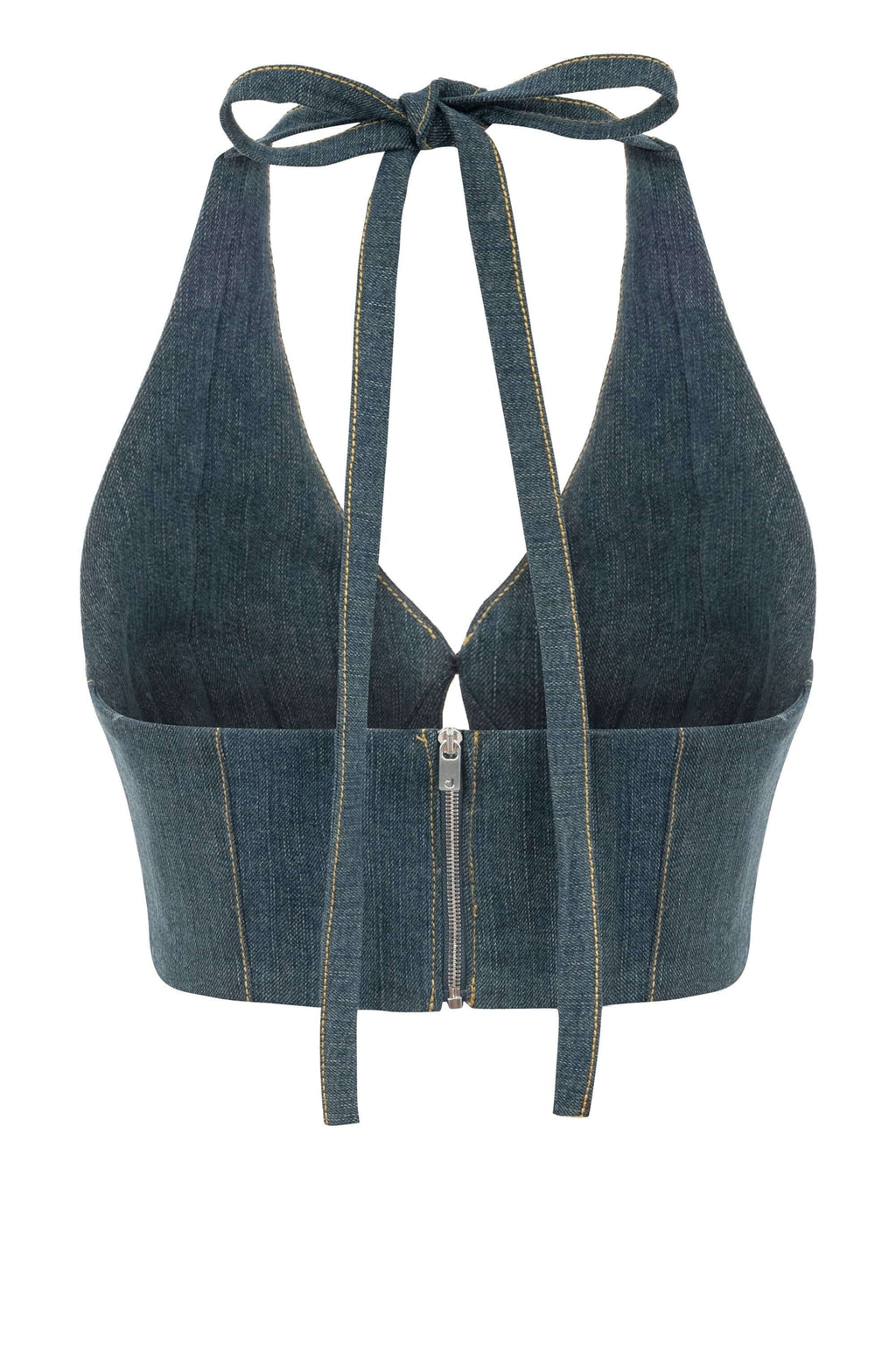 JENDUE Monte Denim Crop Top - Halter Neck & Lace-Up Detail-2