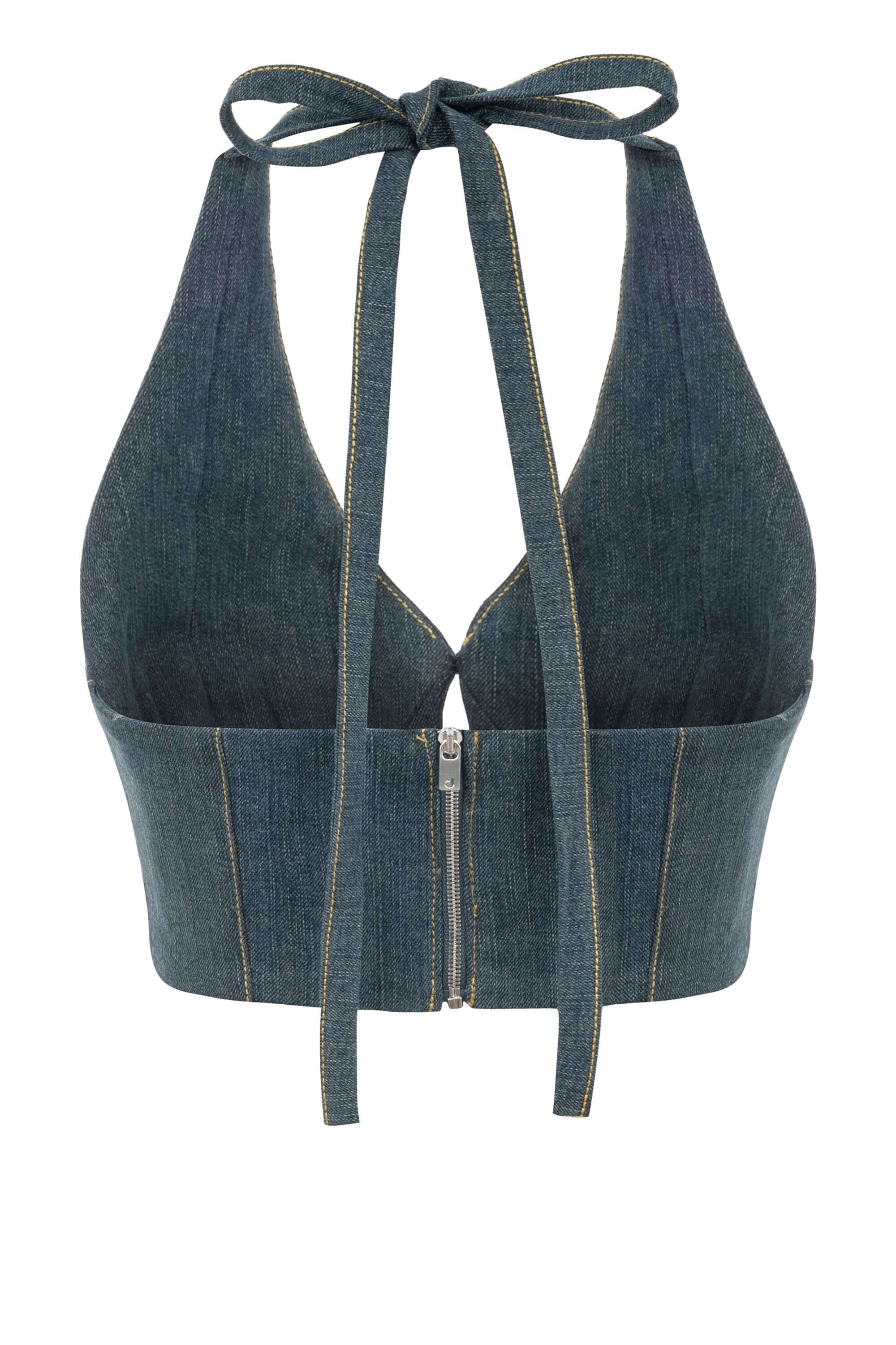 JENDUE Monte Denim Crop Top - Halter Neck & Lace-Up Detail-2