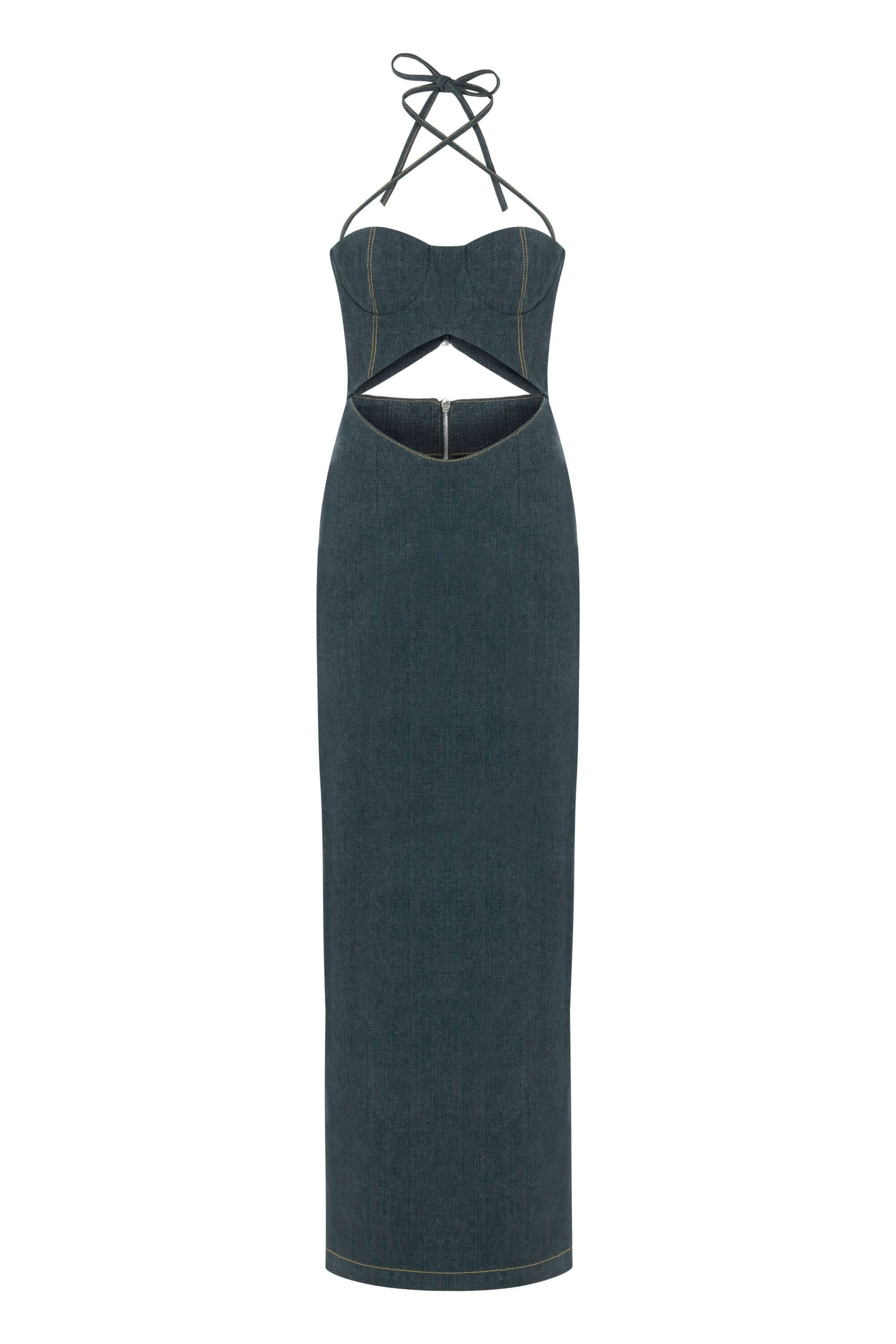 ELEVATE - JENDUE Monte Maxi Denim Dress - Halter Cutout Gown