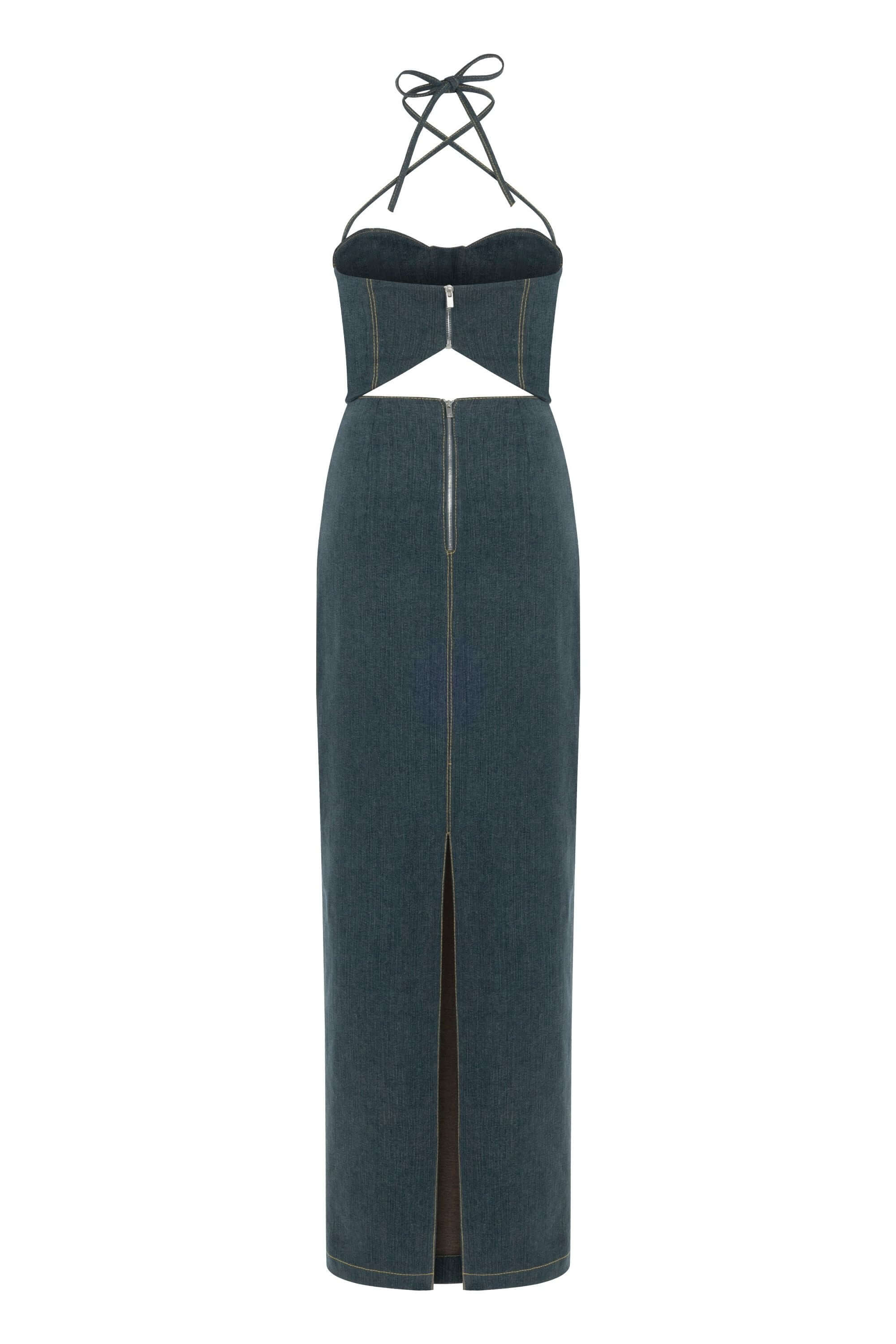 ELEVATE - JENDUE Monte Maxi Denim Dress - Halter Cutout Gown