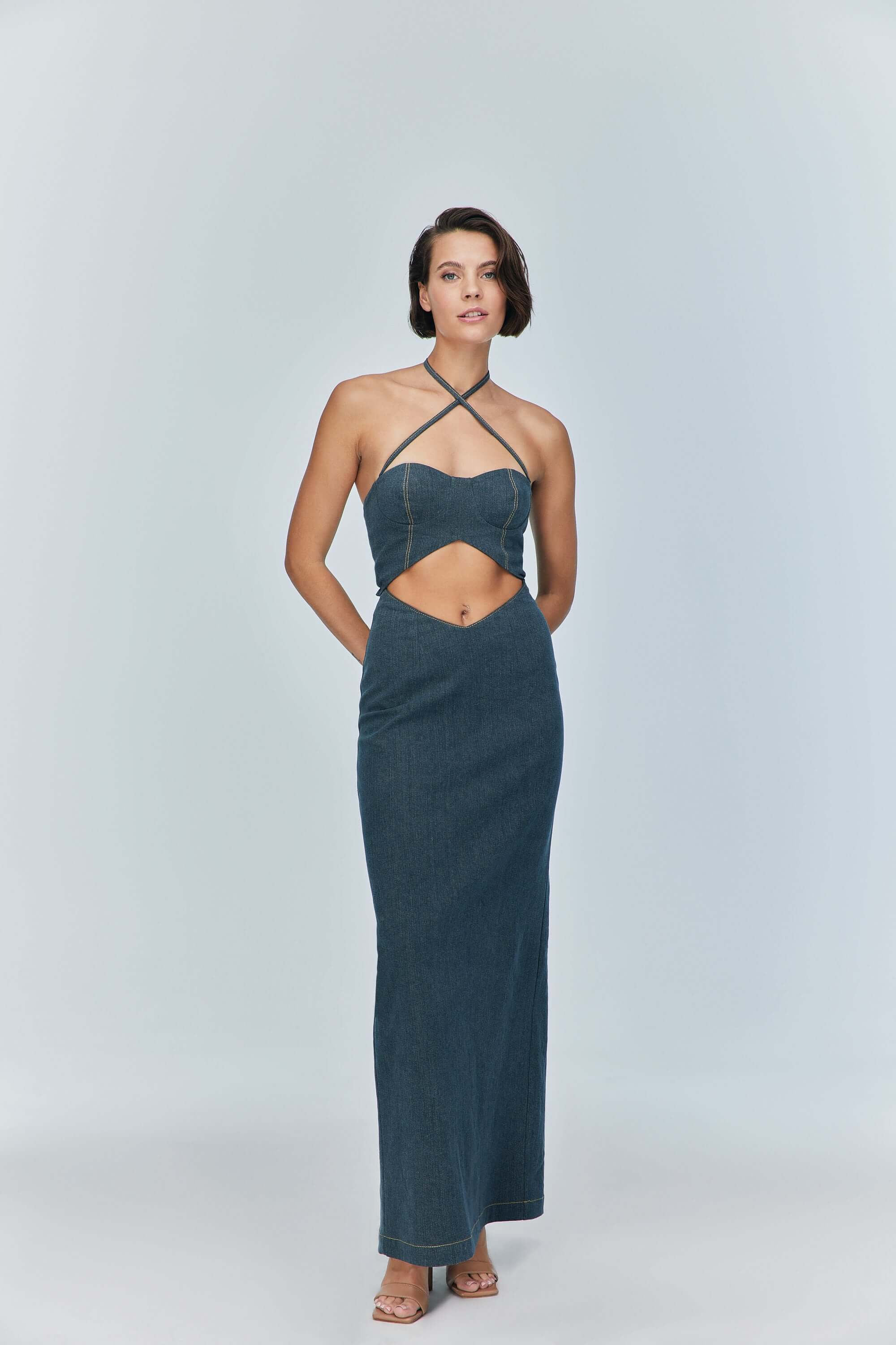 JENDUE Monte Maxi Denim Dress - Halter Cutout Gown-0