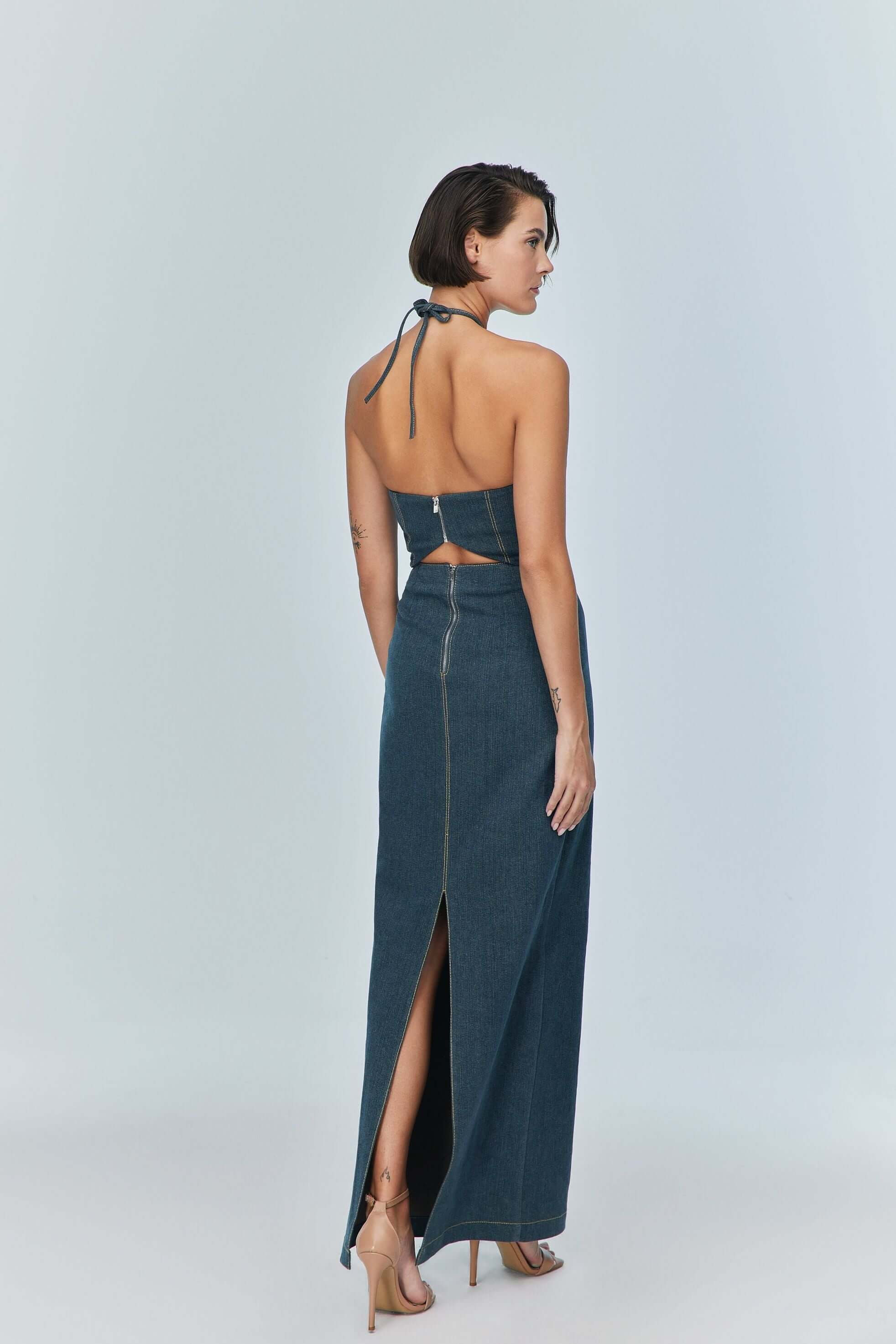 JENDUE Monte Maxi Denim Dress - Halter Cutout Gown-4
