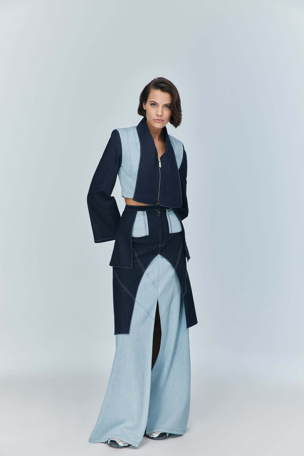 ELEVATE - JENDUE Monte Maxi Denim Skirt - Two-Tone Design