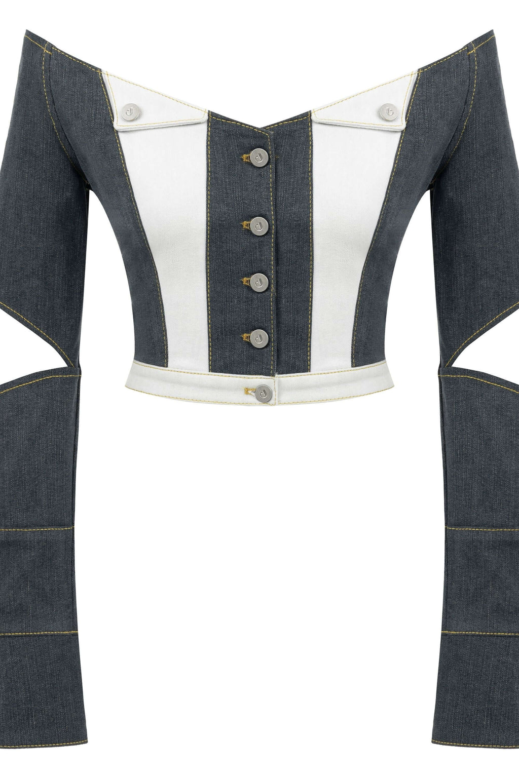 JENDUE Monte Off Shoulder Denim Jacket - Chic Cropped Jean-1