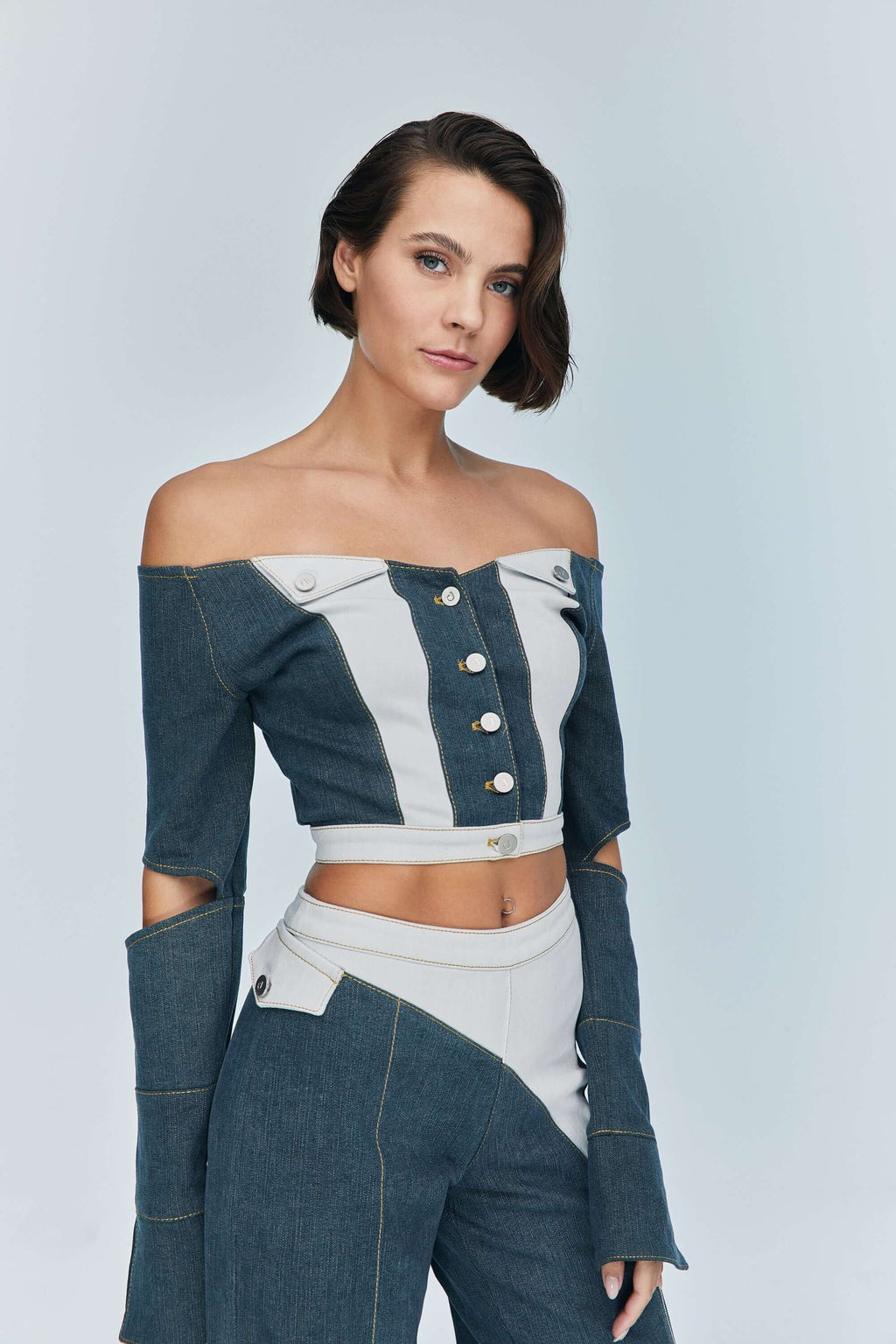 JENDUE Monte Off Shoulder Denim Jacket - Chic Cropped Jean-0