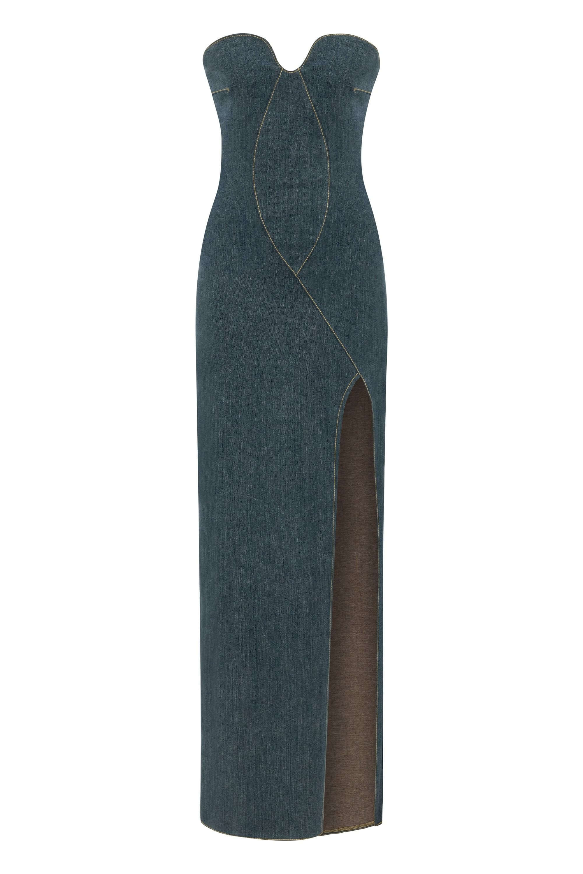 JENDUE Monte Strapless Denim Midi Dress - High Slit Style-1